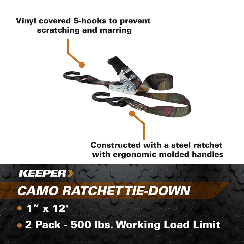 Hampton Keeper 1” x 12' Camo Ratchet Tie-Down with S Hooks, 2 Pack - 500 lbs. Working Load Limit