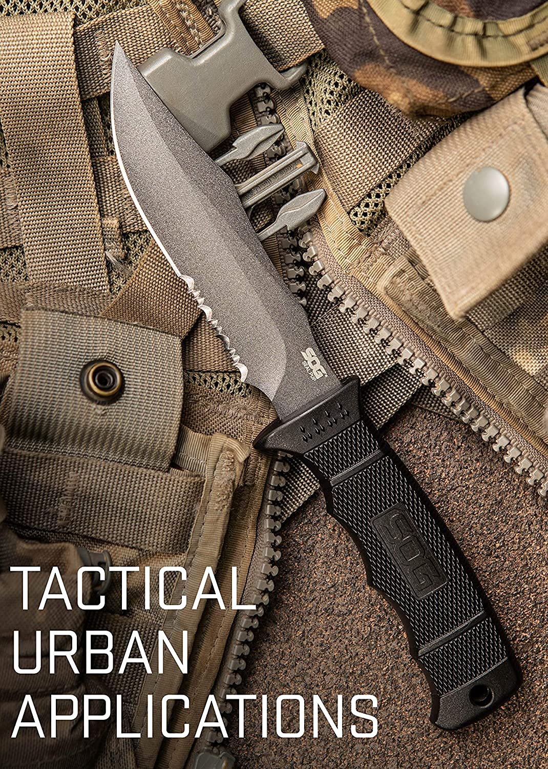 SOG Fixed Blade Knives - Tactical Knife Seal Pup Survival Knife and Hunting Knife w/ 4.75 Inch Blade and MOLLE Knife Sheath & GRN Grip (M37N-CP), black