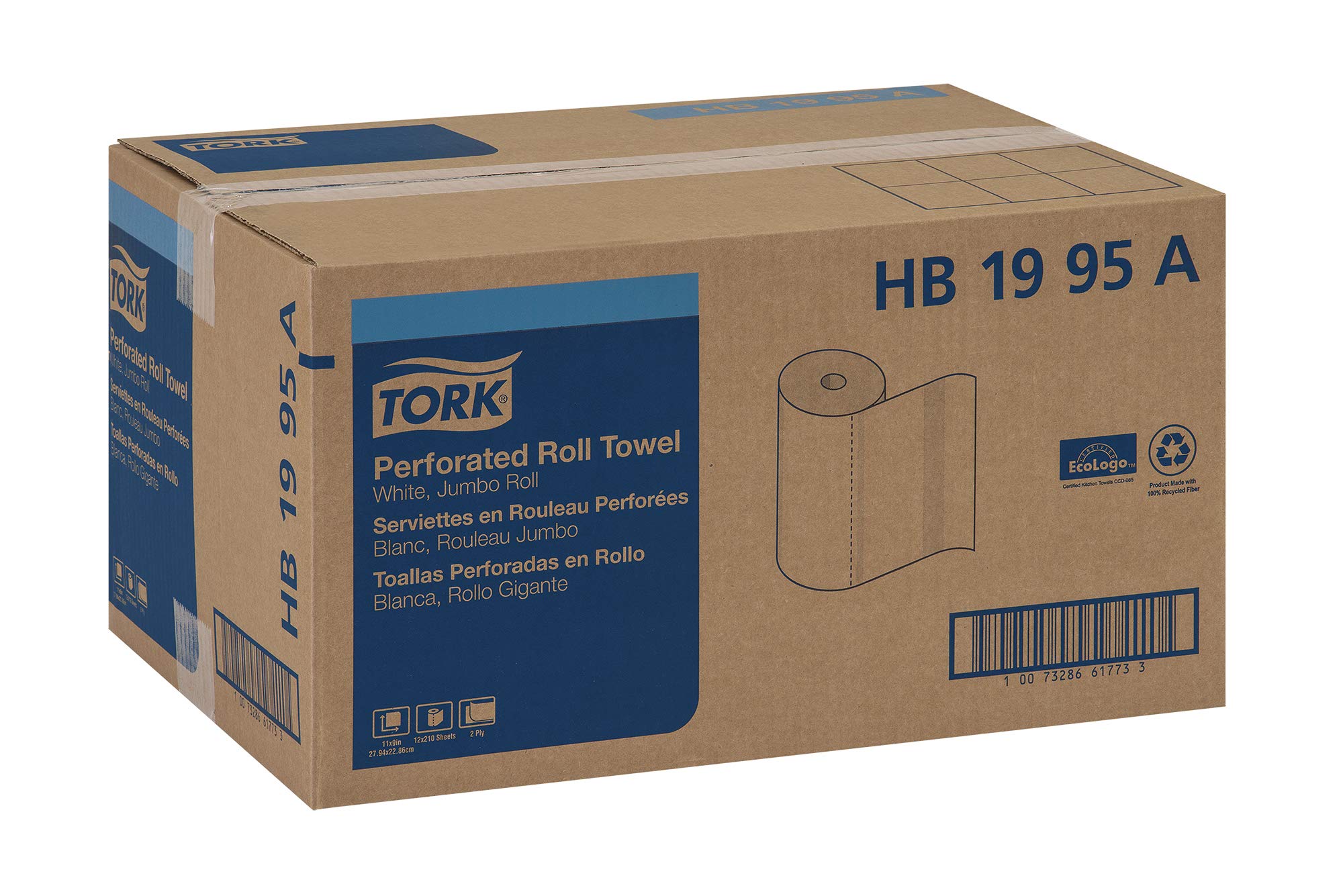Tork Jumbo Roll HB1995A Perforated Paper Towel, Jumbo Roll, White, Universal, 2-Ply, Case of 12 Rolls, 210 per Roll, 2,520 Towels