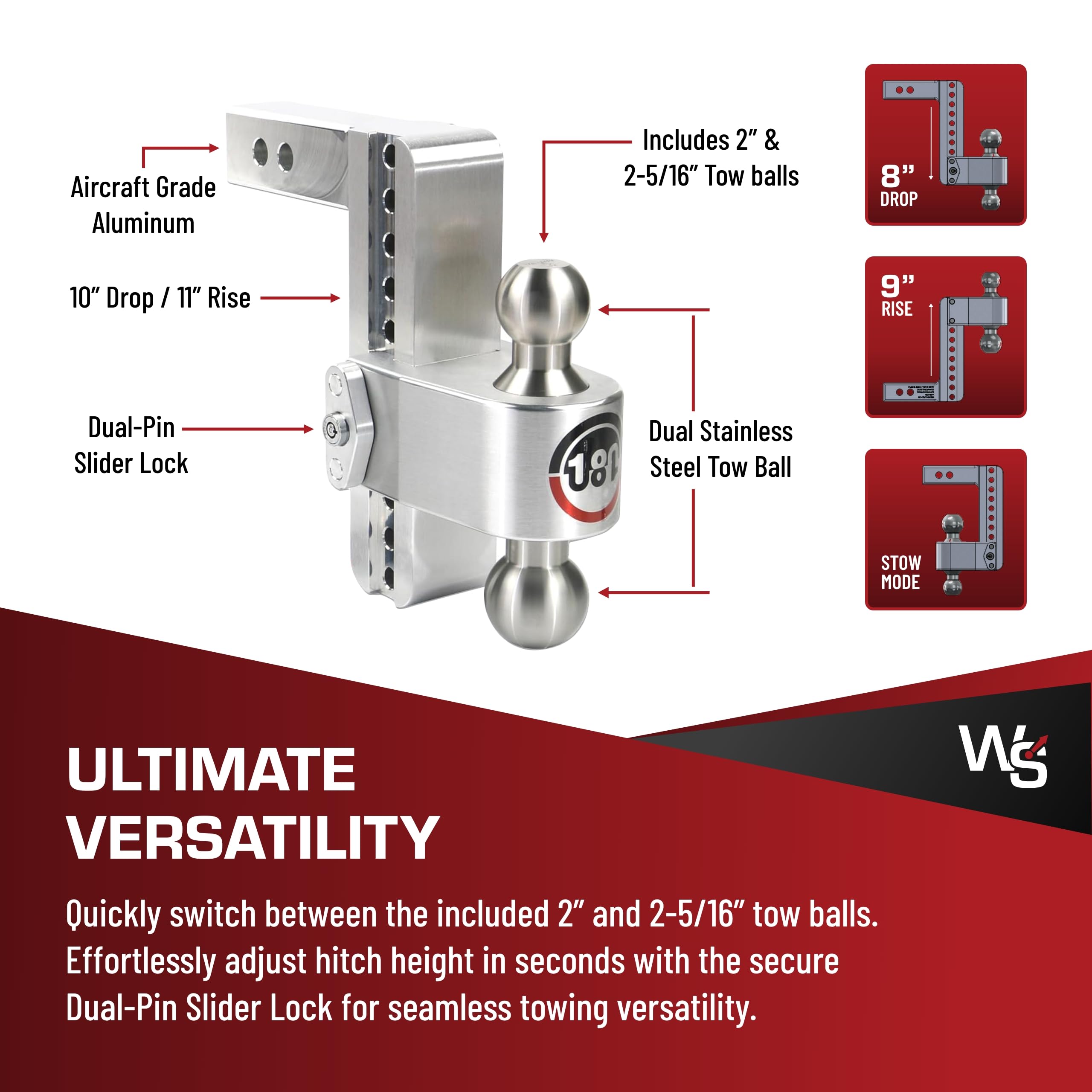 Weigh Safe Adjustable Trailer Hitch Ball Mount - Adjustable 8" Drop Hitch for 2" Receiver - Premium Heavy Duty Aluminum Trailer Tow Hitch w/ Stainless Steel Tow Balls (2" & 2 5/16") - 12,500 lbs GTW