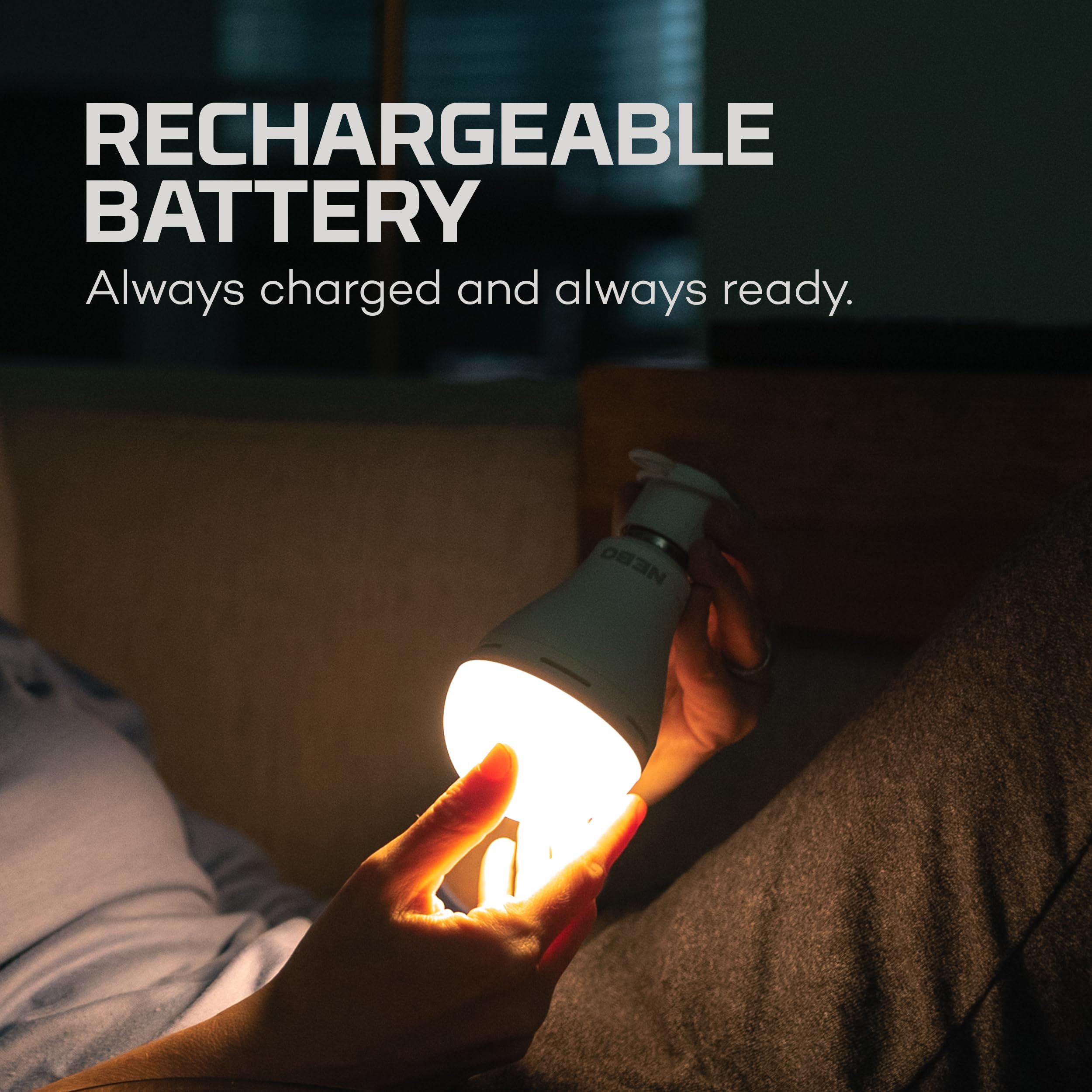 BLACKOUT BACKUP NEBO Emergency Bulb | 850 Lumens, 4 Light Modes, LED Rechargeable Light Bulb, Automatic Charging, Works Without Power, E26 Screw Base, Includes Power Cap & Portable Hanging Hook