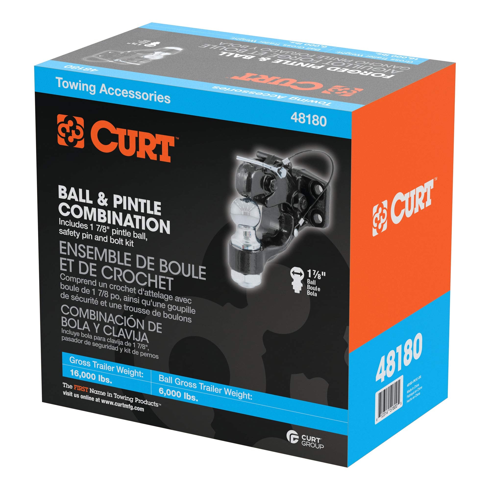 CURT Pintle Hitch with 1-7/8-Inch Trailer Ball, 16,000 lbs, Mount Required 48180
