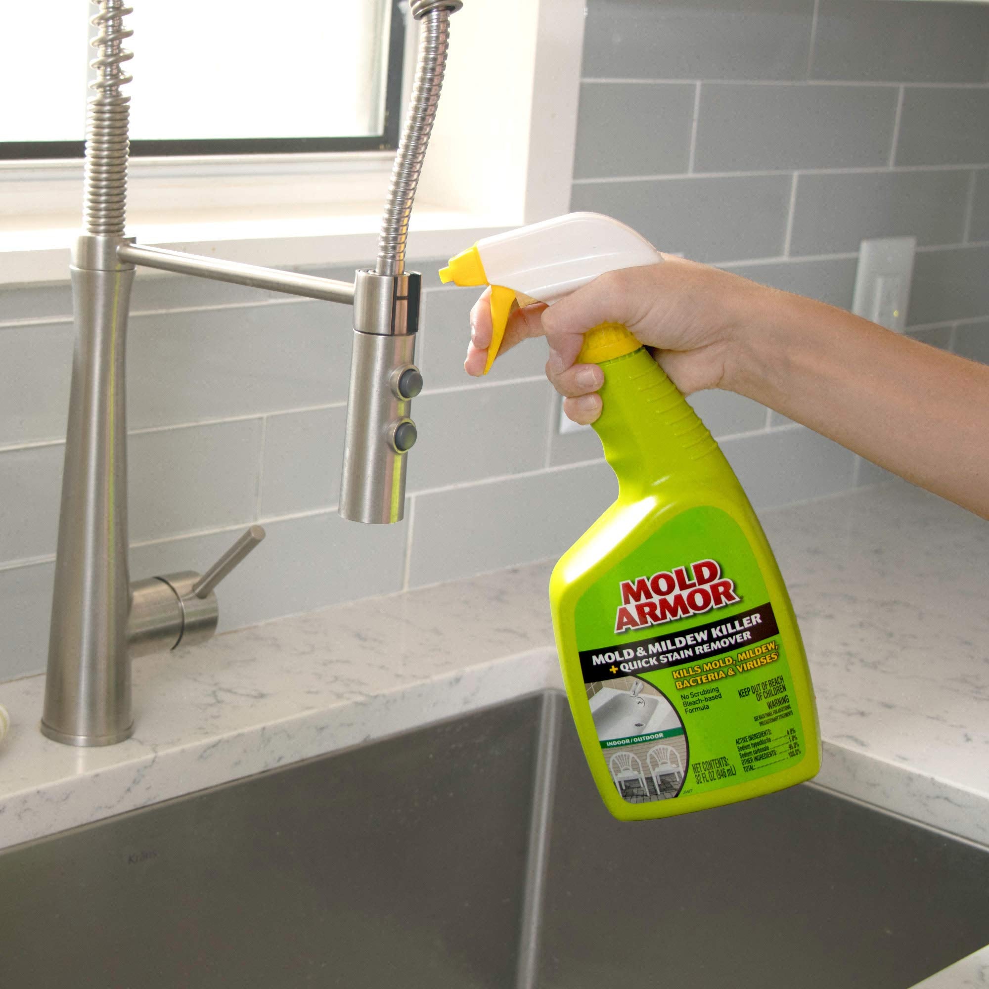 MOLD ARMOR Quick Stain Remover + Mold and Mildew Killer, 32 oz., Trigger Spray Bottle, Eliminates 99.9% of Household Bacteria and Viruses, Ideal Bathroom Mold and Mildew Remover