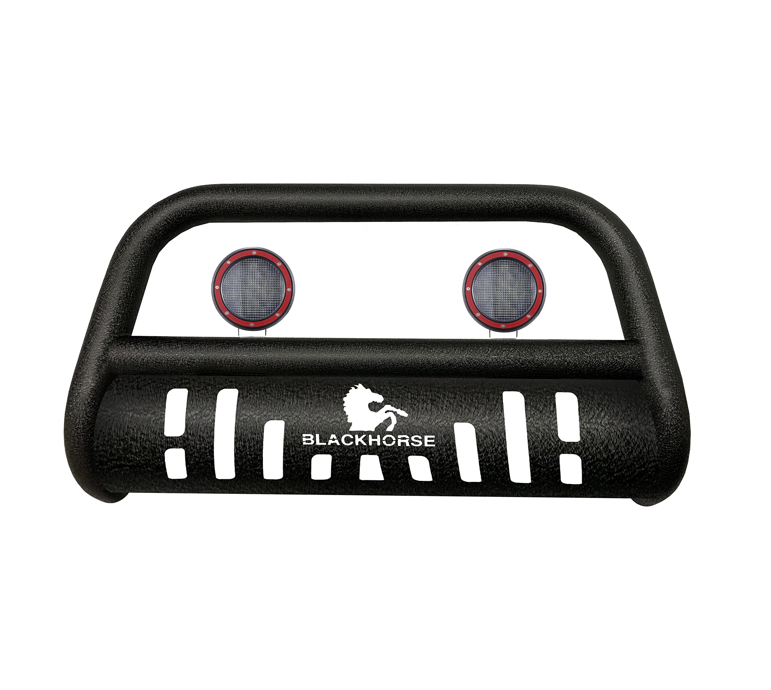 Bull Bar-T Black Horse Textured Black Come with Pair of 5.3" Dia. LED Flood Lights with Red Trim Rings Compatible with 2014-2020 Nissan Rogue-CBT-A172SP-PLFR