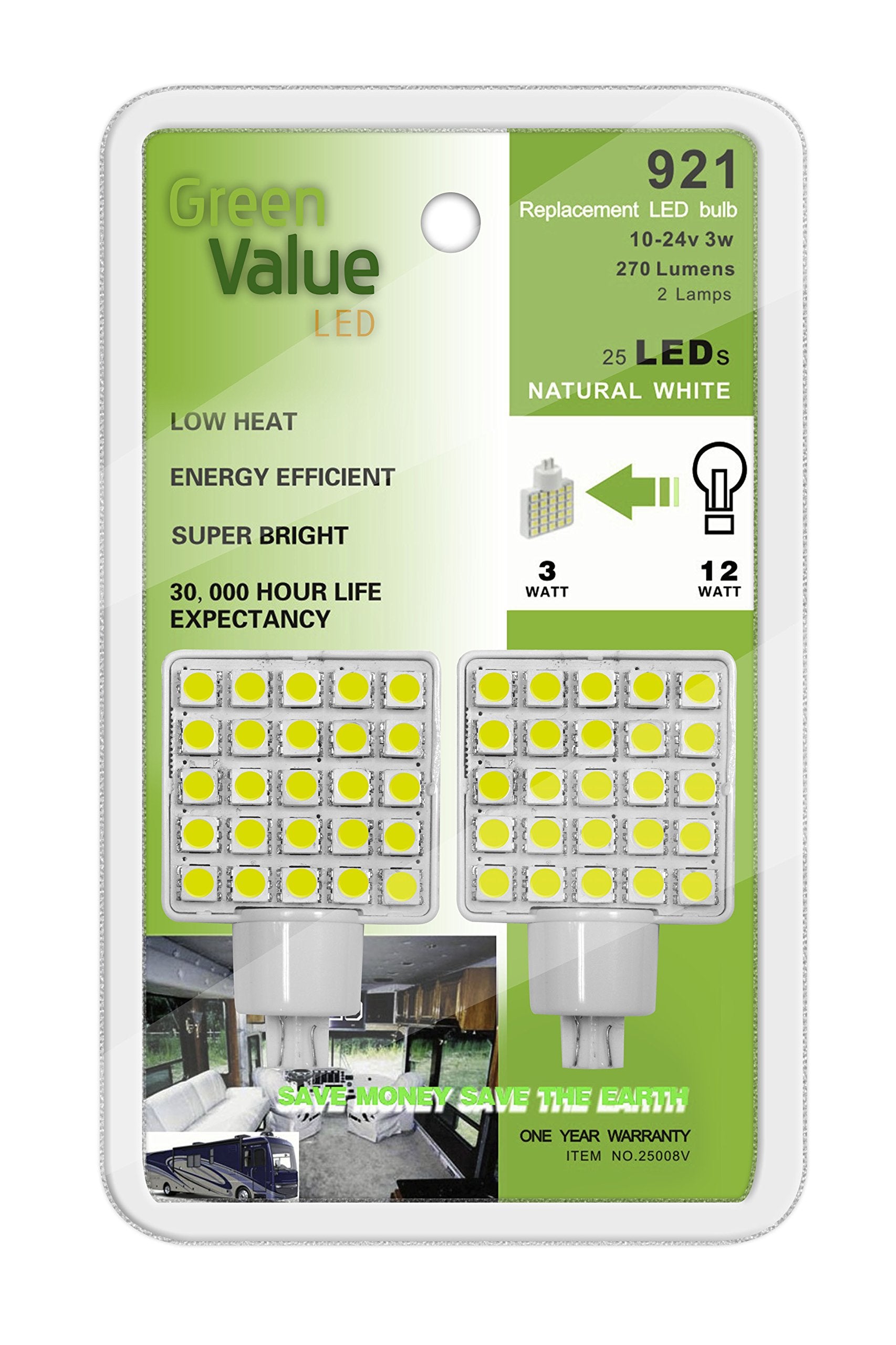 LED Green Value 25008V Natural White 2-Pack Replacement Light Bulb Wedge Base Without Lens (921 Base)