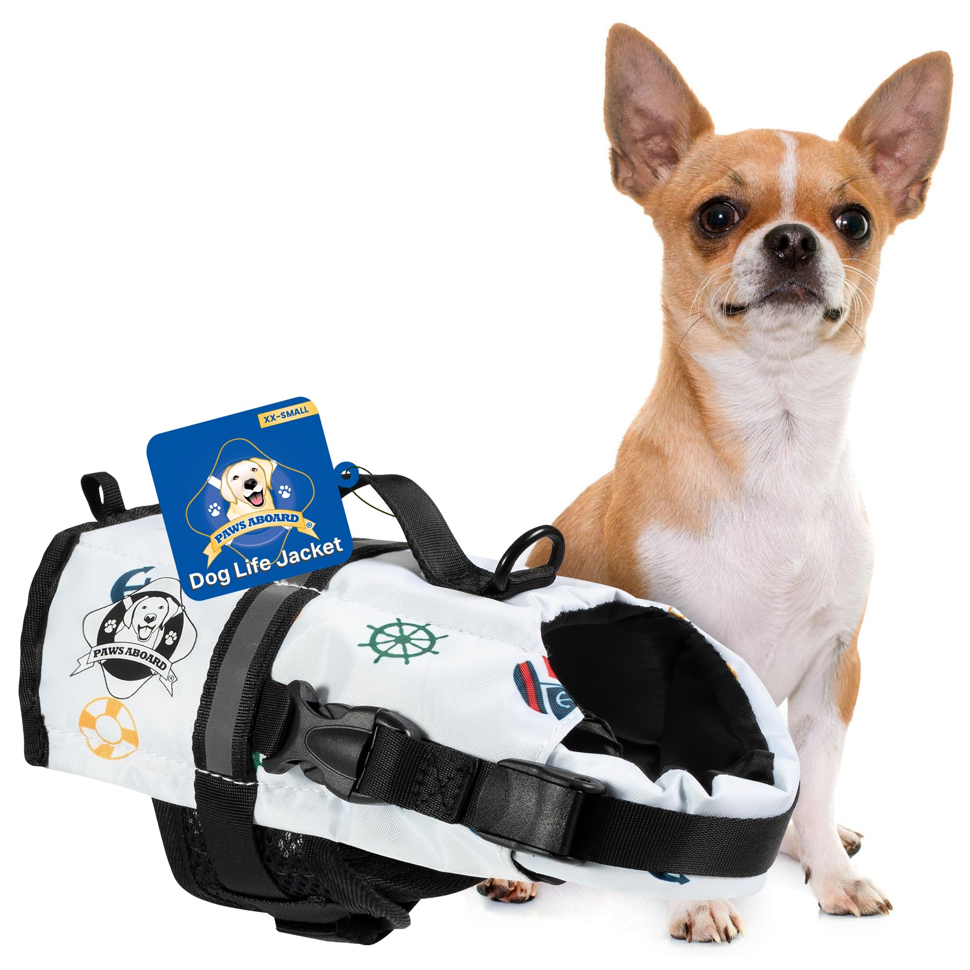 Dog Life Jacket Paws Aboard - Swimming Vest for Dogs, Adjustable, Reflective, Comfortable, Multiple Colors, Patterns, XX-Small to Extra Large Dog Swim Vest with Handle (Nautical, XX-Small)