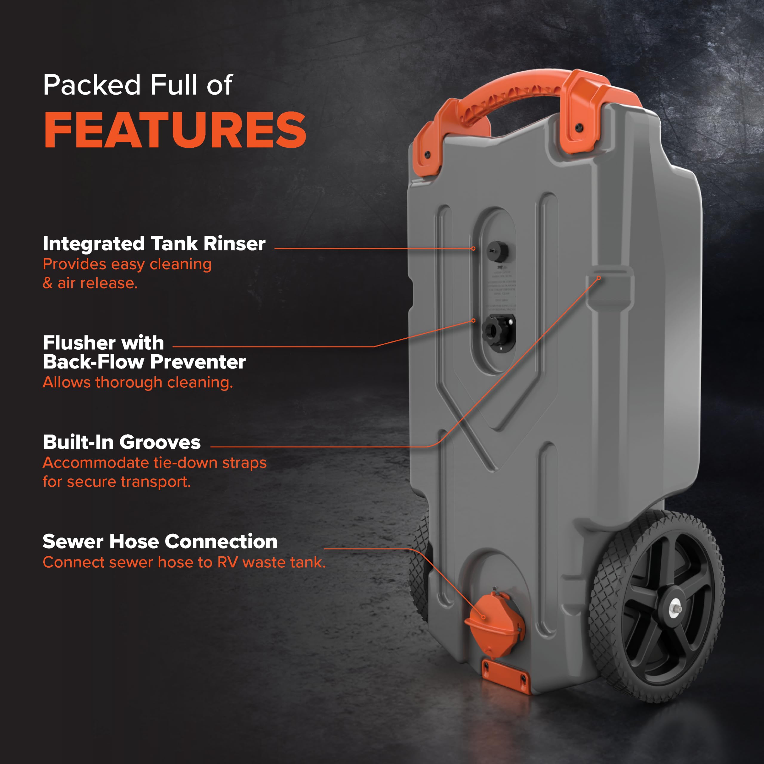 Camco 15-Gallon Rhino Portable RV Tote Tank - Features Large Heavy-Duty No-Flat Wheels & Low Drain Hole - Includes Removable Steel Tow Adapter, 3’ Sewer Hose & More RV Accessories (39000)