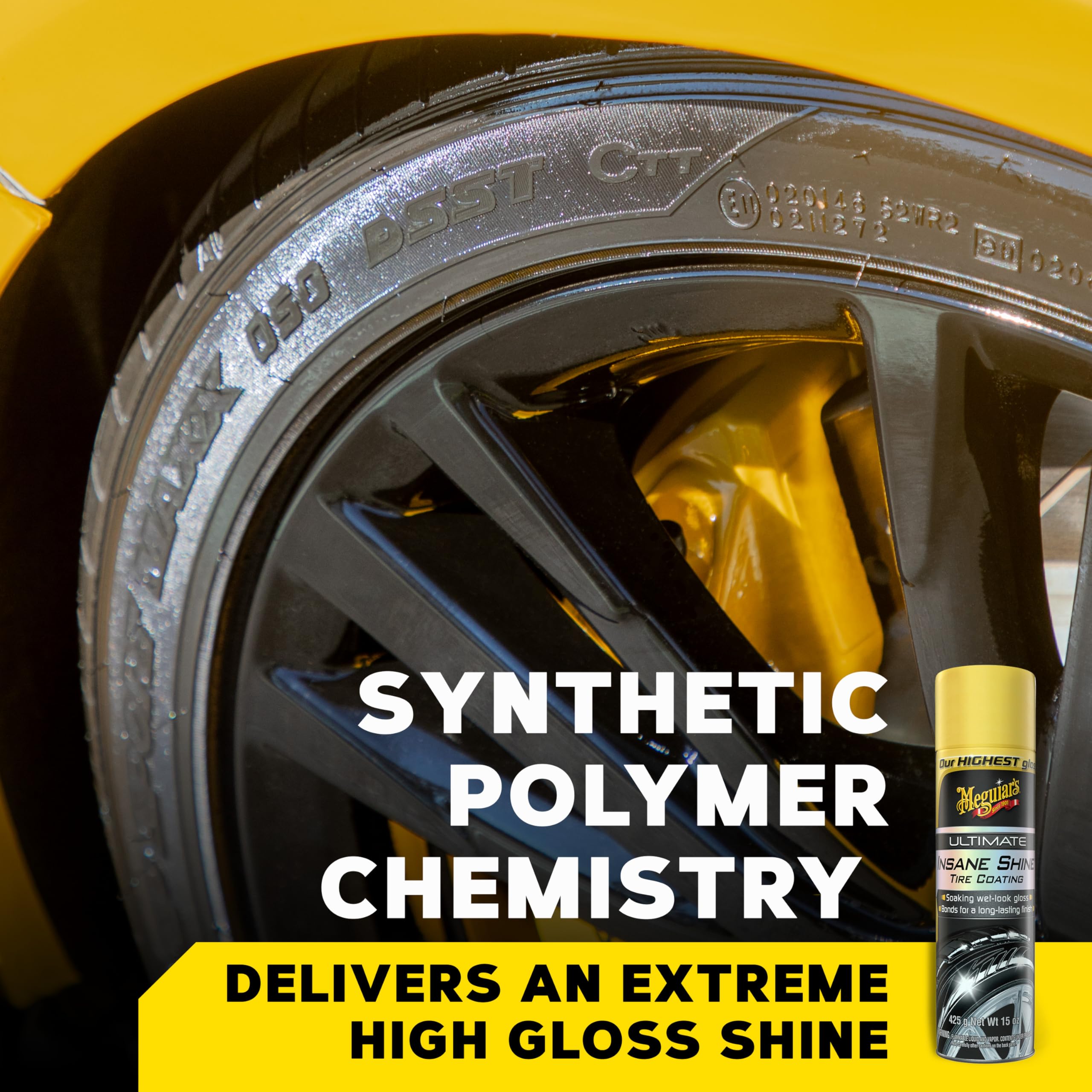 Meguiar's Ultimate Insane Shine Tire Coating, gives a Finish that Creates a Lasting Wet-Look for a Classic Black Shine, Easy to Use, No Mess, Ultimate Protection, 15 Oz Aerosol Can