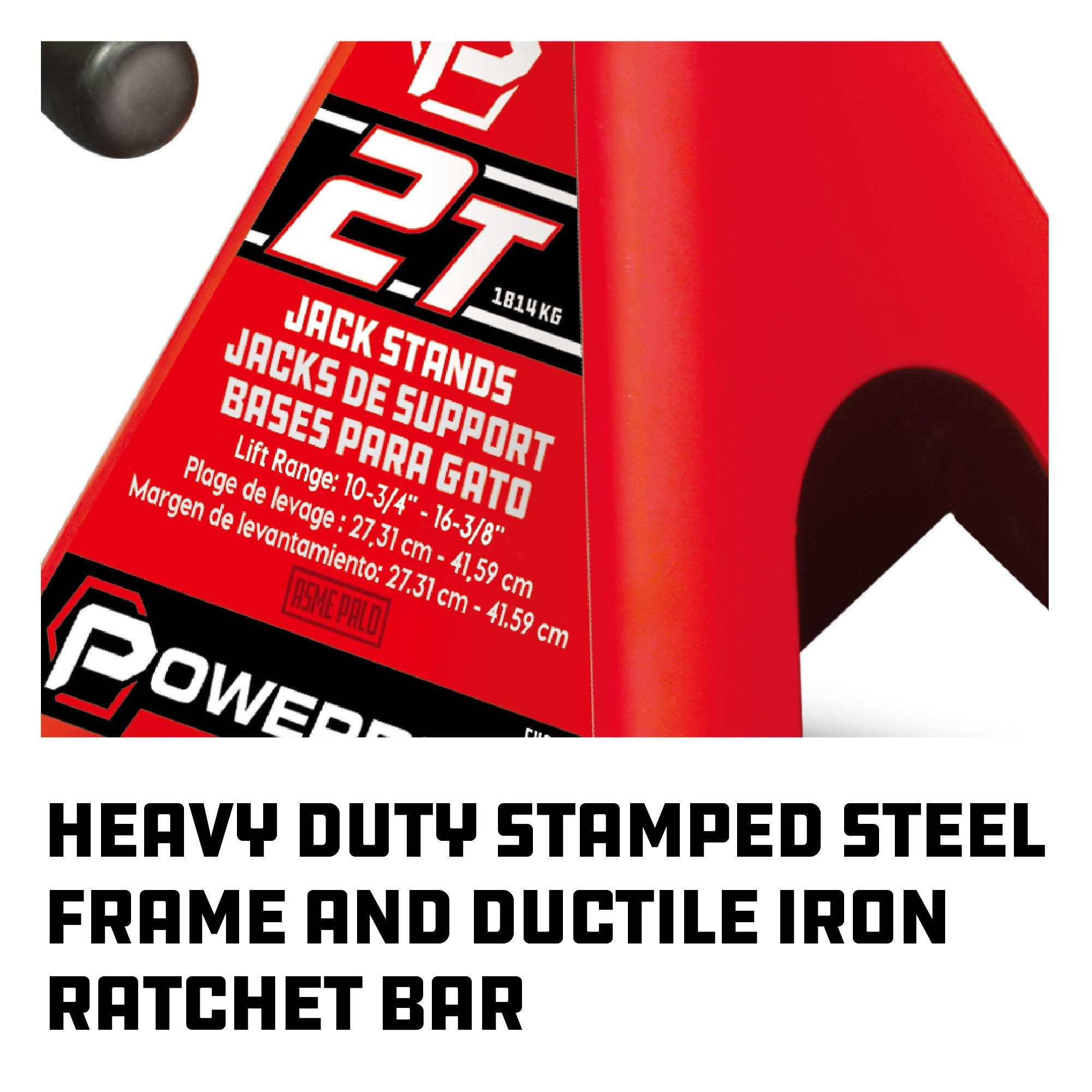 2 Ton Powerbuilt Ratchet Jack Stand Pair, 4000 Pound 2-Piece Heavy Duty Steel Stands, Wide Angle Stability, Adjustable Height - Red 640399