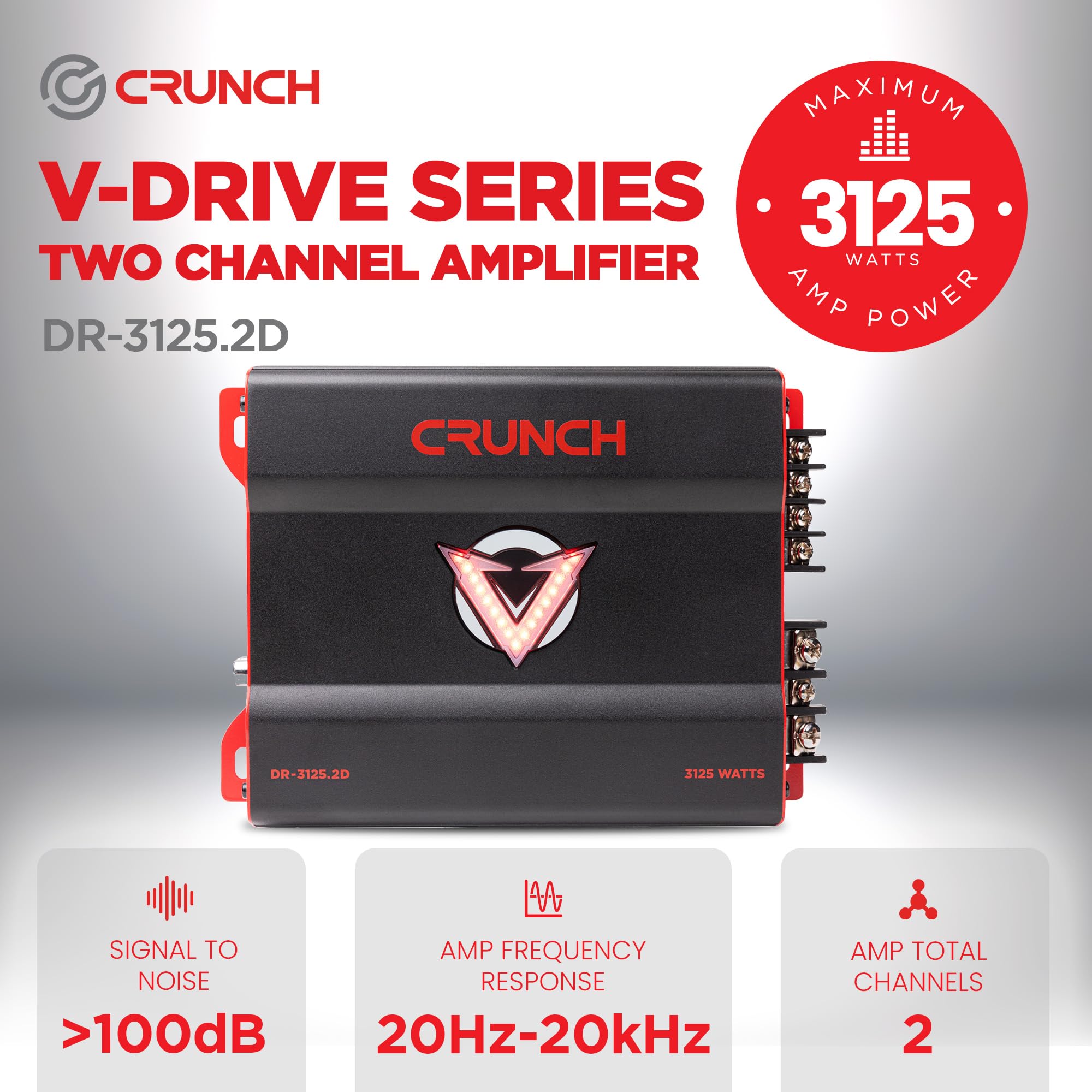 2 Channel Crunch 3125W Car Audio Subwoofer Amplifier with Adjustable Crossovers, Bass Knob & Remote, LED VU-Meter, QTD Cooling and PWM Power Supply