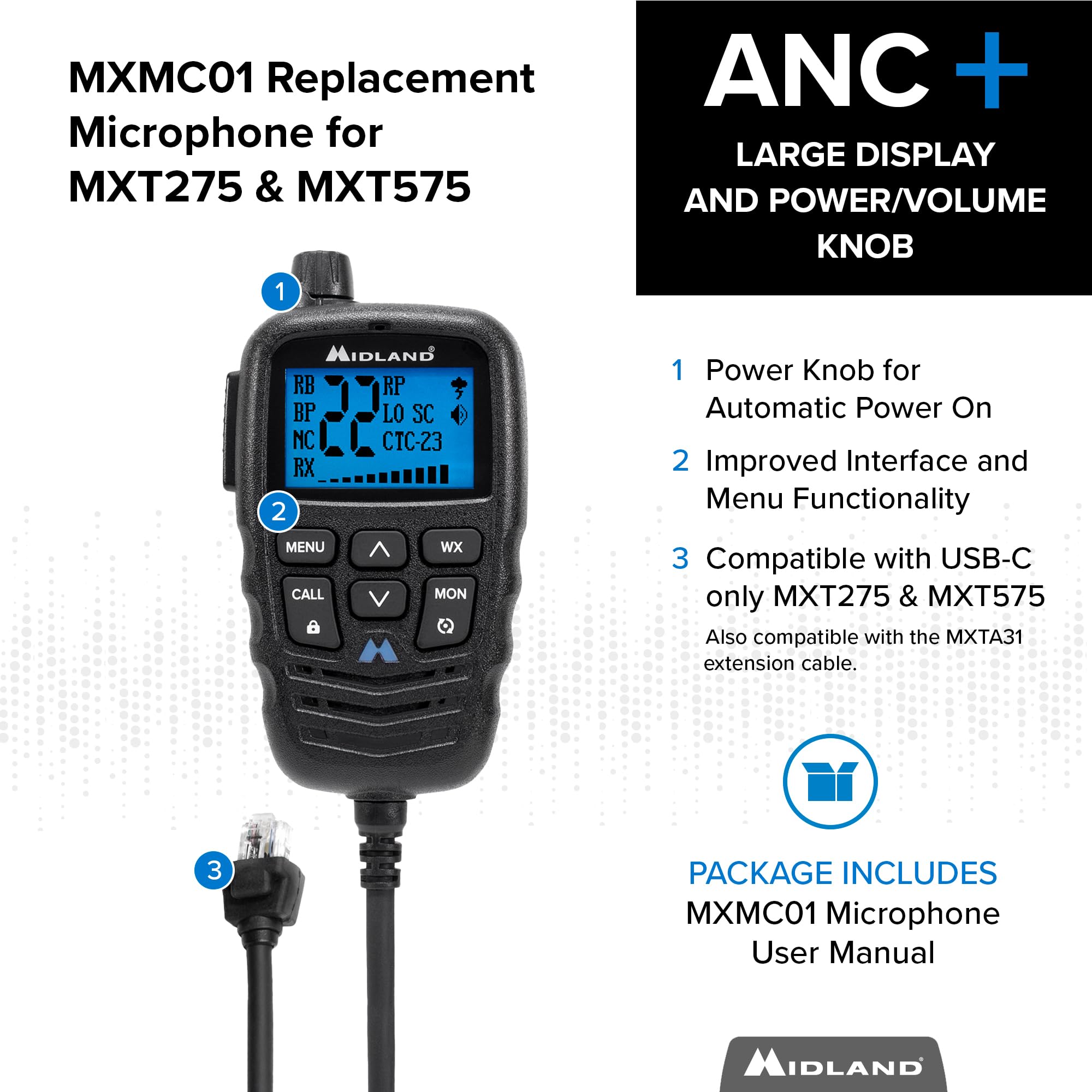 MXMC01 – Midland | Replacement Microphone for MXT275 & MXT575 – ANC Automatic Noise Canceling Electronic Microphone – Off-Roading Loud and Open-Air Vehicle - GMRS Farming Overlanding