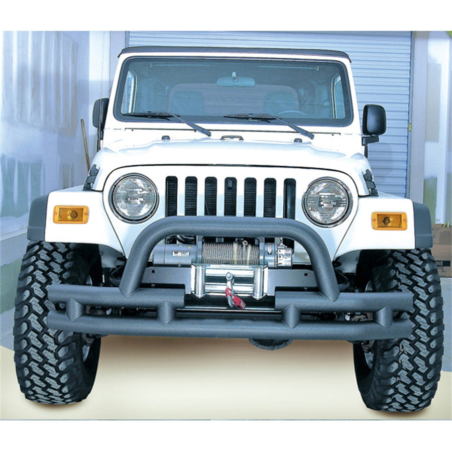 Rugged Ridge Front Dual Tube Bumper | Mid-Width w/Hoop, Winch Ready, Steel, Textured Black | 11561.03 | Fits 1976-1986 Jeep CJ; 1987-2006 Jeep Wrangler YJ/TJ