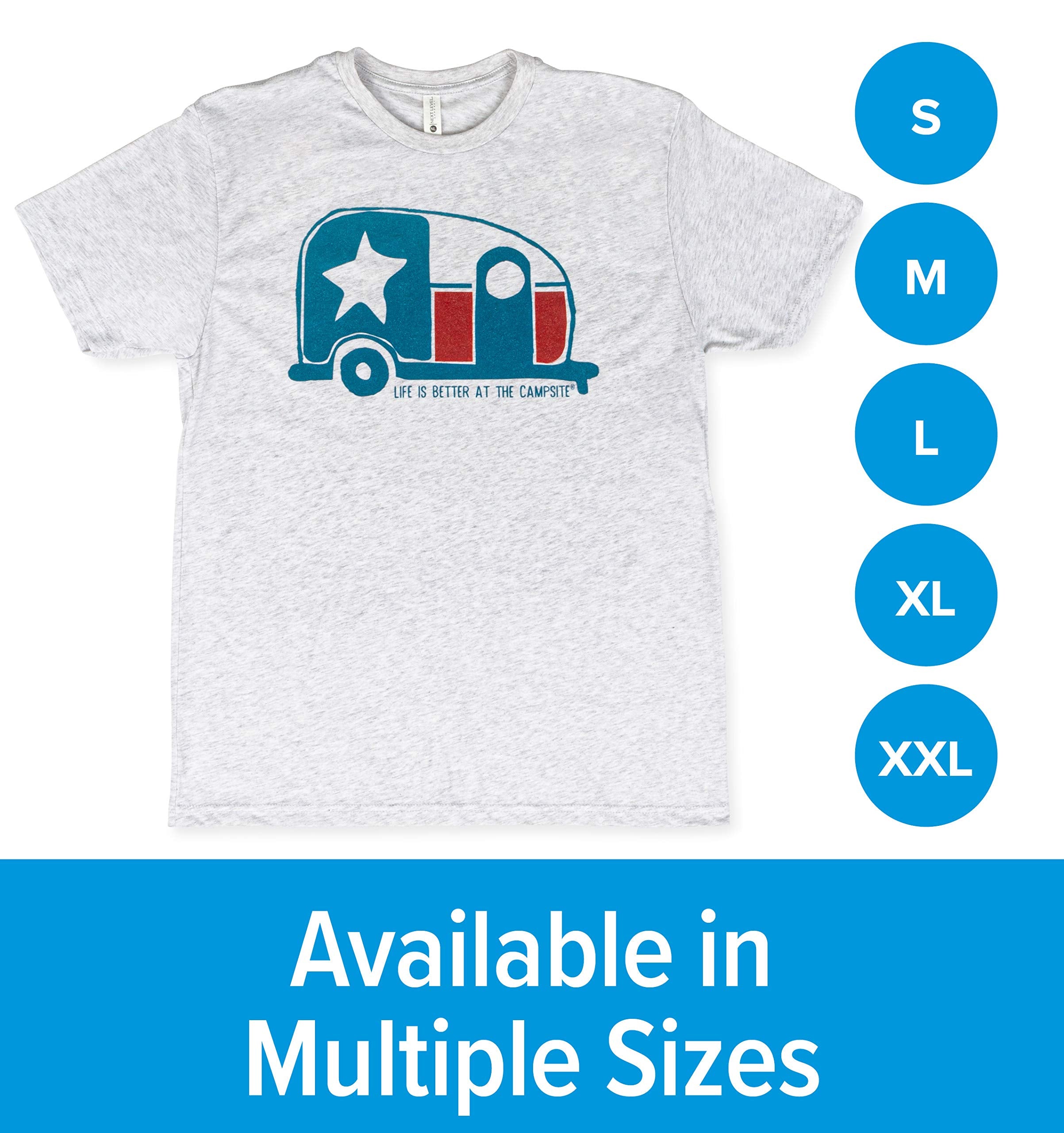 Camco Crew Neck Life is Better at The Campsite Short Sleeve T-Shirt | Features Soft Ring-Spun Cotton Fabric, Texas Flag Camper Design on Heather White, and is Machine Washable | Medium (53391)