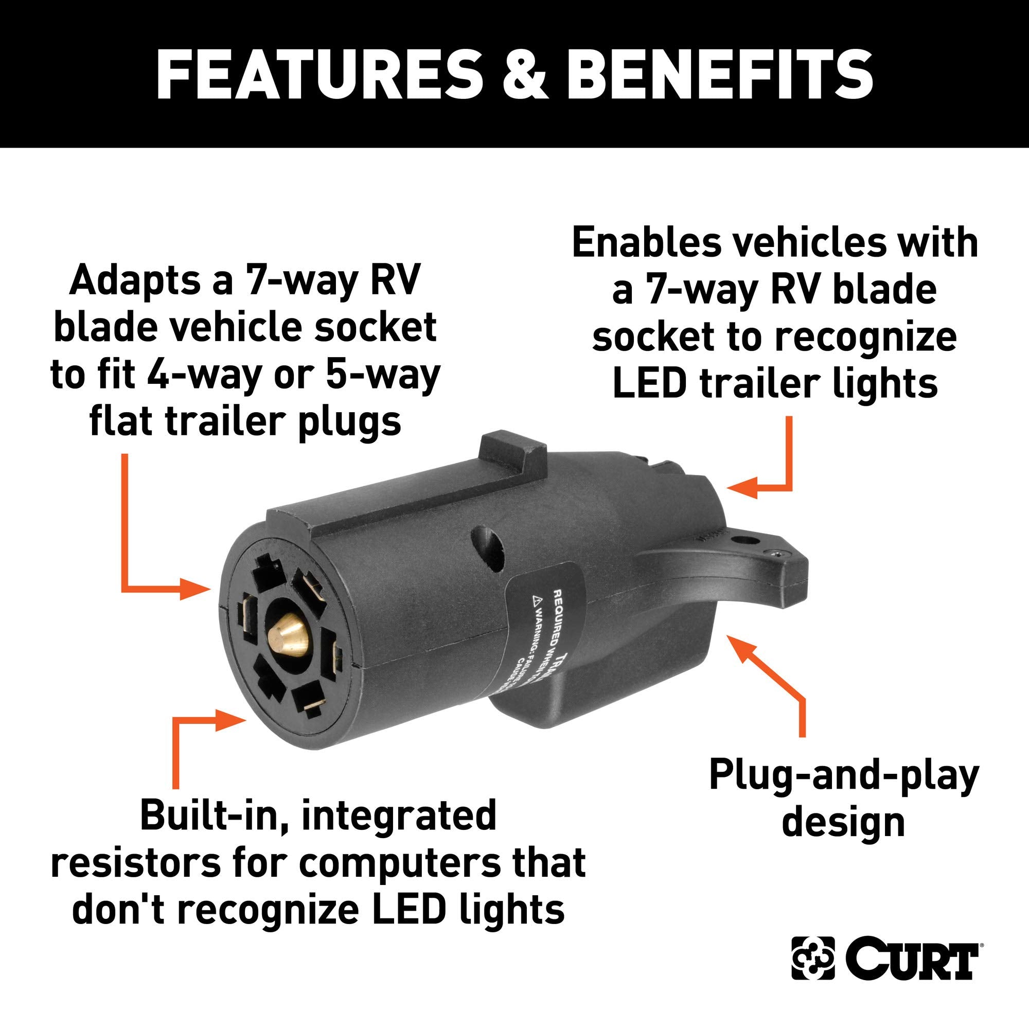 7-Way RV Blade CURT 57004 Vehicle-Side to 4-Way Flat Trailer-Side Trailer Wiring Adapter