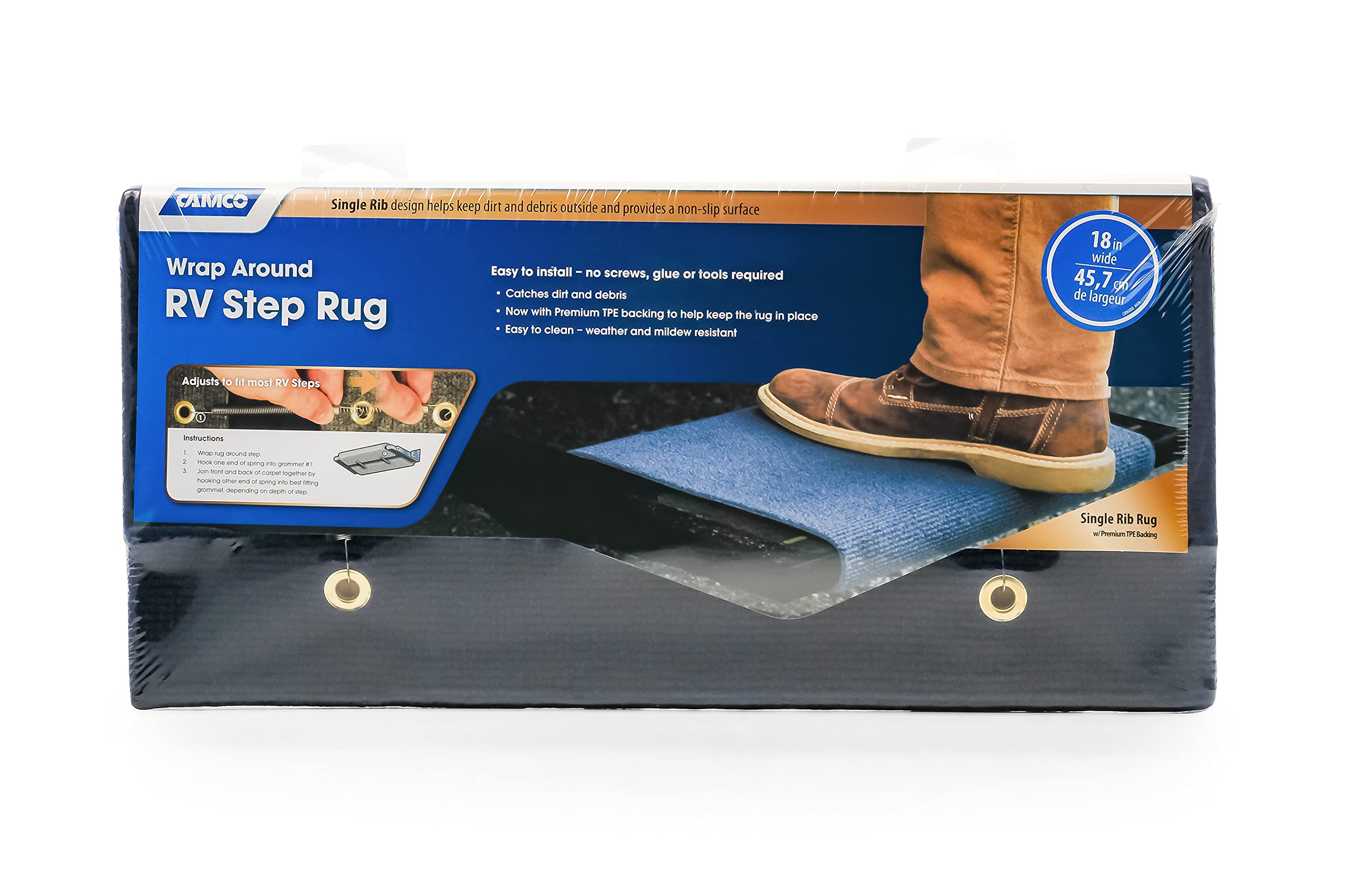 Premium Camco 42905 Wrap Around Blue RV Step Rug (100% Polyester (17.5" x 18"))