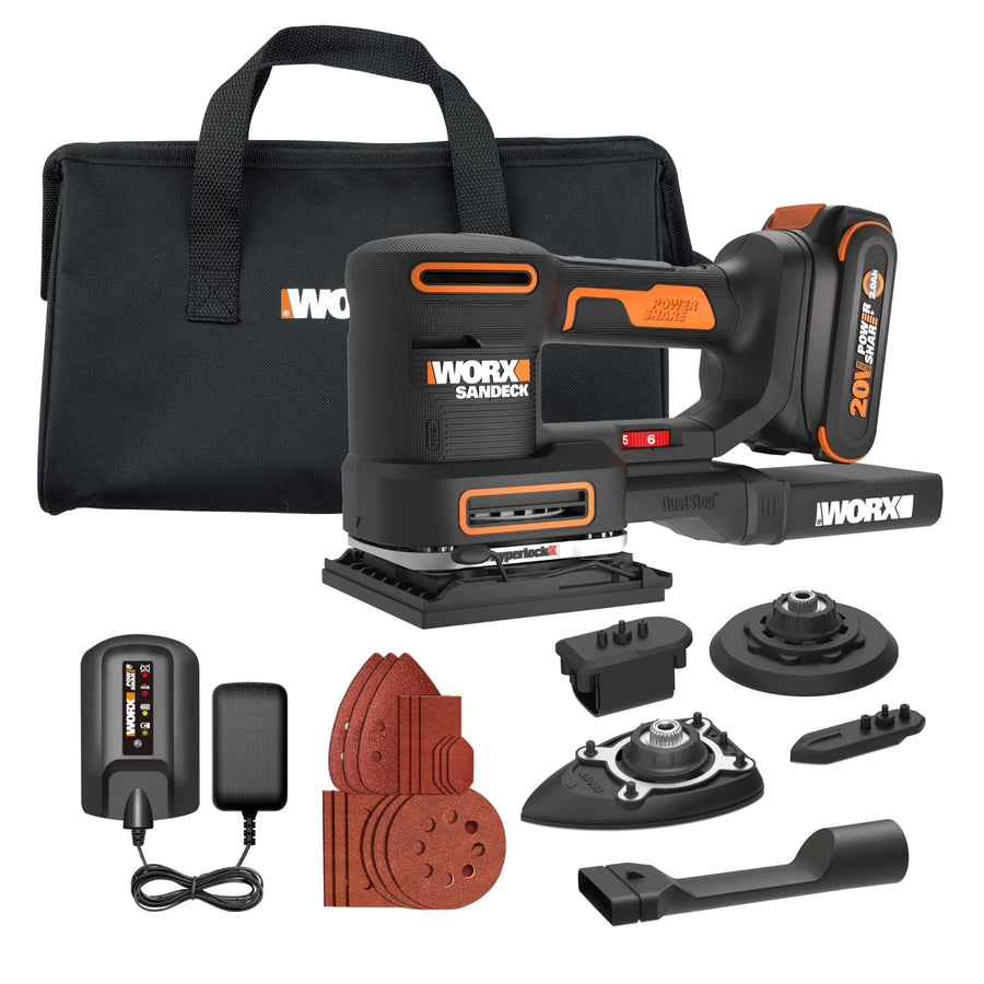 WORX 20V Cordless Sander, 10,000 orbits/minute Electric Sander, 5-in-1 Functions, Tool-less Sanding Pad Change, 20 V 2.0 Ah Battery and Charger Included, PowerShare