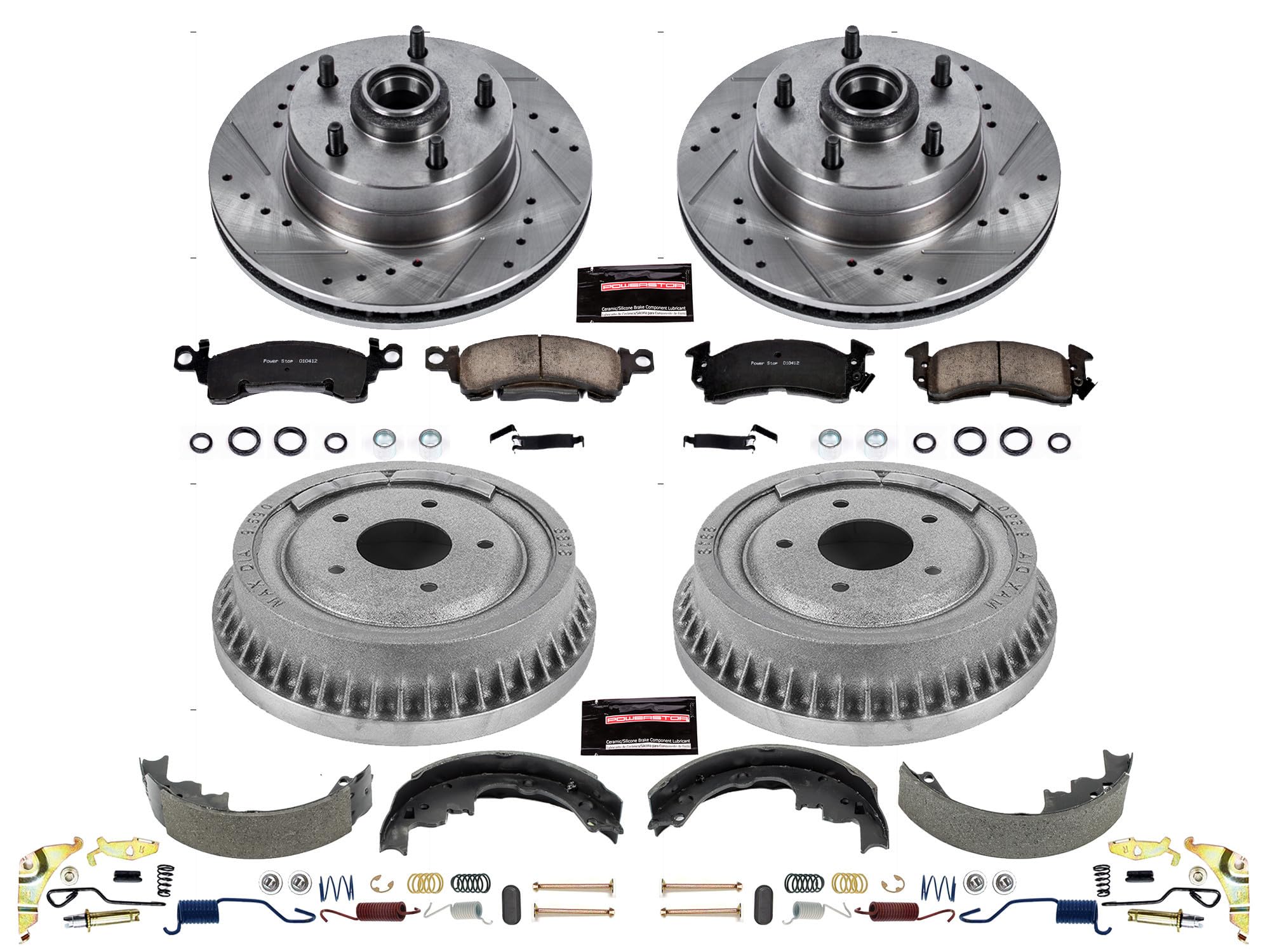 Power Stop K15055DK Z23 Carbon Fiber Brake Pads Front and Rear with Drilled & Slotted Brake Drums Kit For Oldsmobile Cutlass Supreme 1971-1972 [Model Specific]