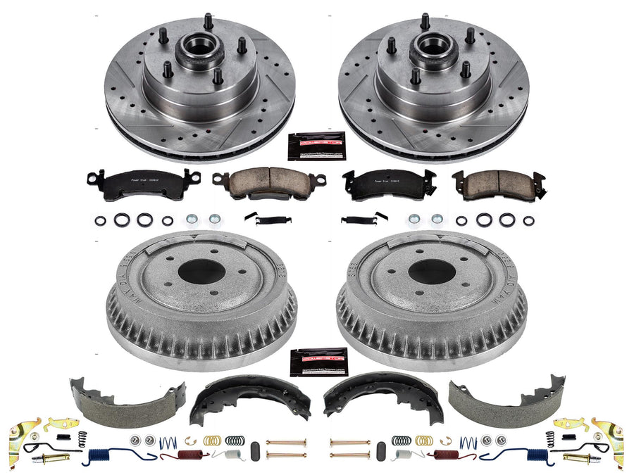 Power Stop K15055DK Z23 Carbon Fiber Brake Pads Front and Rear with Drilled & Slotted Brake Drums Kit For Oldsmobile Cutlass Supreme 1971-1972 [Model Specific]