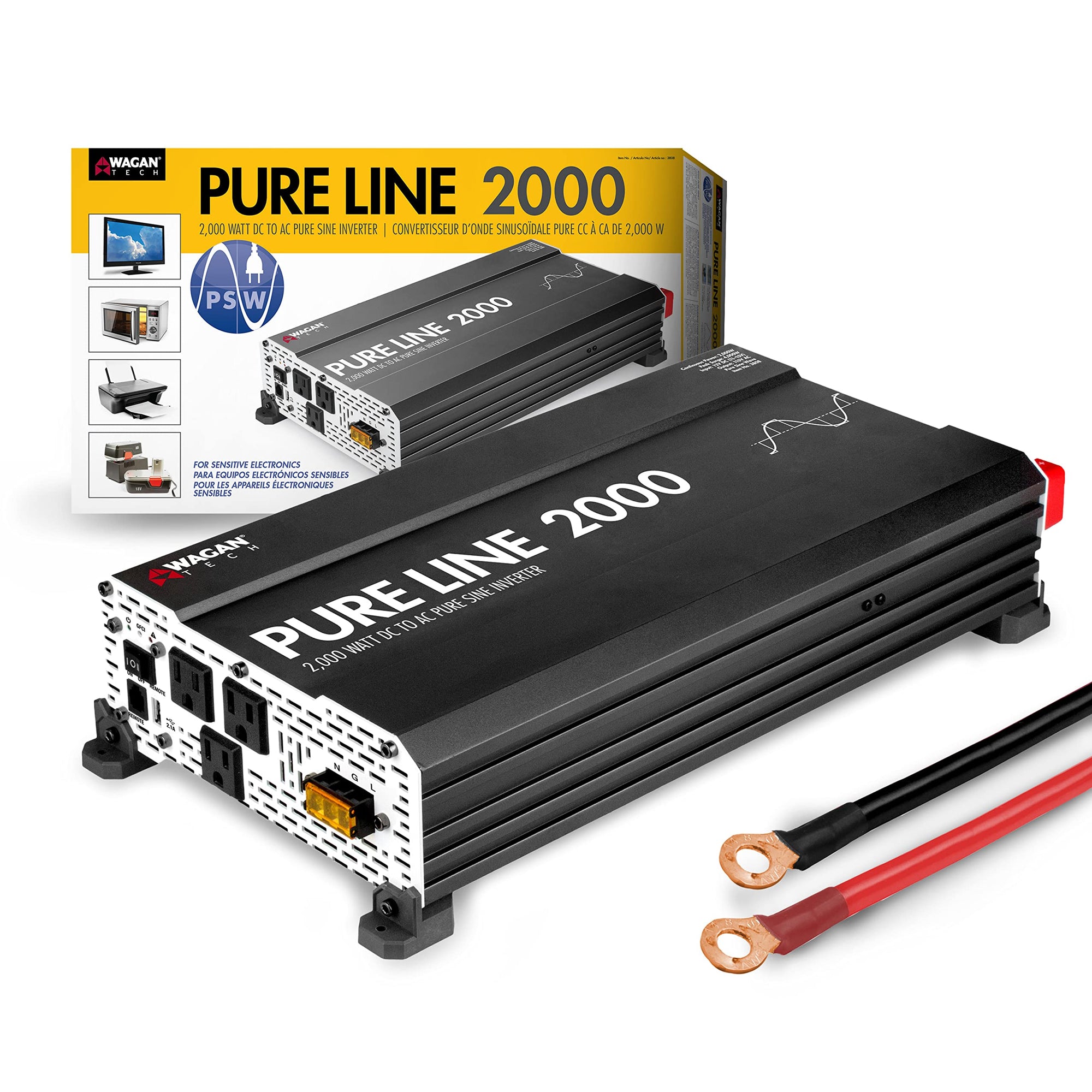Wagan Pure Line EL3808 Power Inverter 2000 Watt DC 12V to 110V AC Car Pure Sine Wave Power Inverter for Home RV Camping Van Life Off Grid ETL Certified