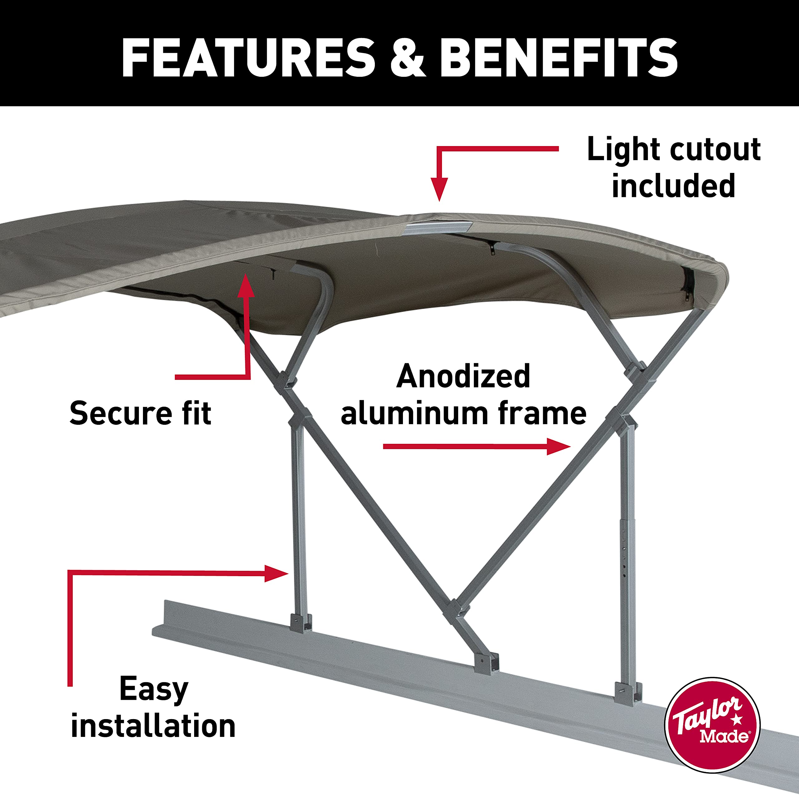 Manual Bimini Top Kit TAYLOR MADE PRODUCTS for Boats – 8'W x 10'L (Beige) – Bimini Top Replacement Kit Includes Frame, Canvas, Storage Boot – Four-Bow Bright Dip Anodized Aluminum Frame – 2020329857