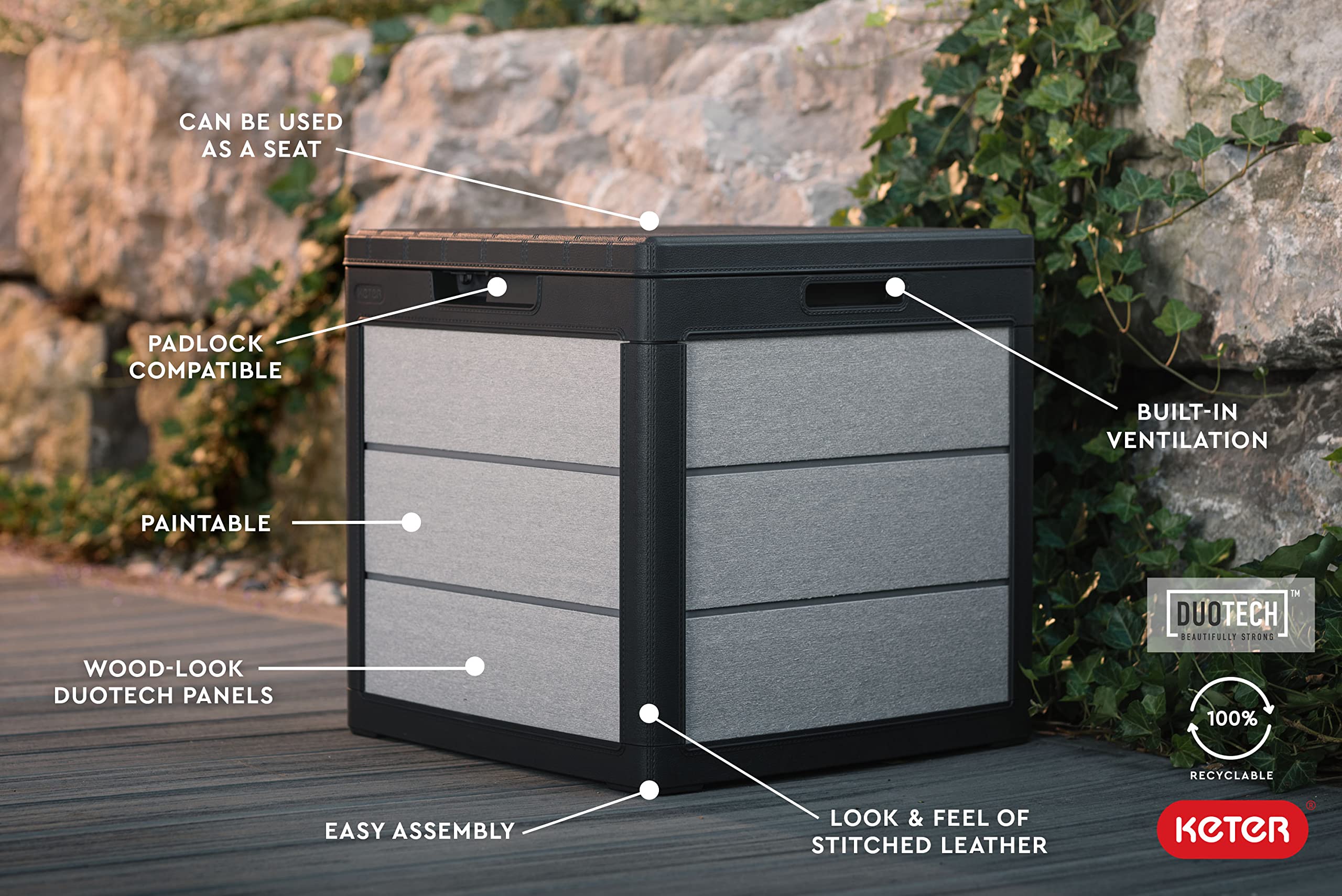 Keter 30 Gallon Denali Resin Outdoor Storage Box and Patio Furniture Side Table for Pool and Garden Accessories, Grey & Black