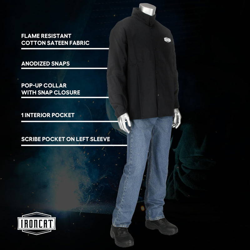FR Treated Ironcat Cotton Sateen Jacket, 9 oz., Anodized Snaps, Interior Pocket, Pop-up Welders Collar, Scribe Pocket, Black, 3X-Large (7050B/3XL)