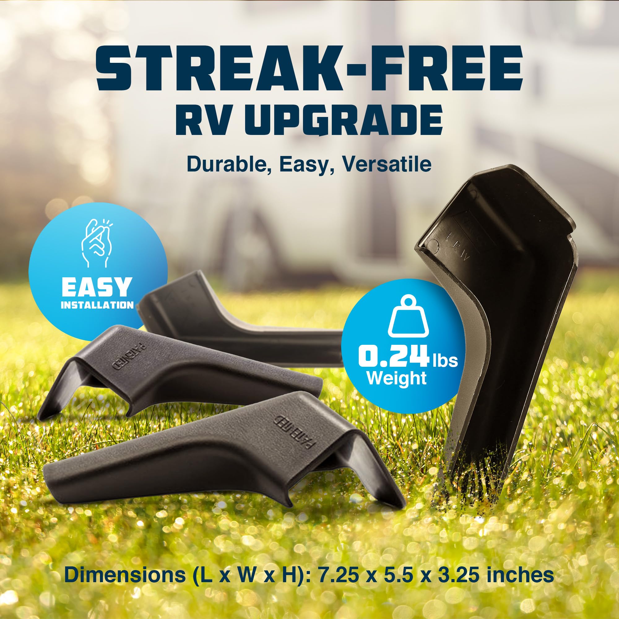 Camco RV Gutter Spouts with Extensions Built-in | Direct Rain Water Runoff Away from The RV | Features an Easy Installation, a Sun Resilient Resin Construction, and Comes in a 4-Pack of Black (42452)