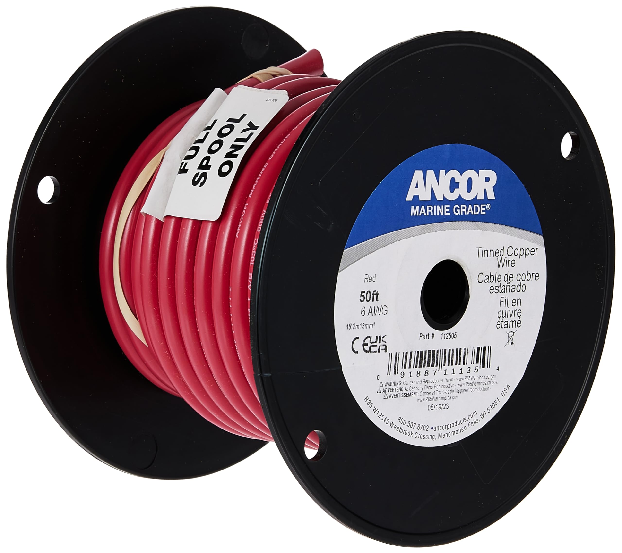 Marine Grade Ancor 112550 Tinned Copper Battery Cable (6-Gauge, Red, 500-Feet)