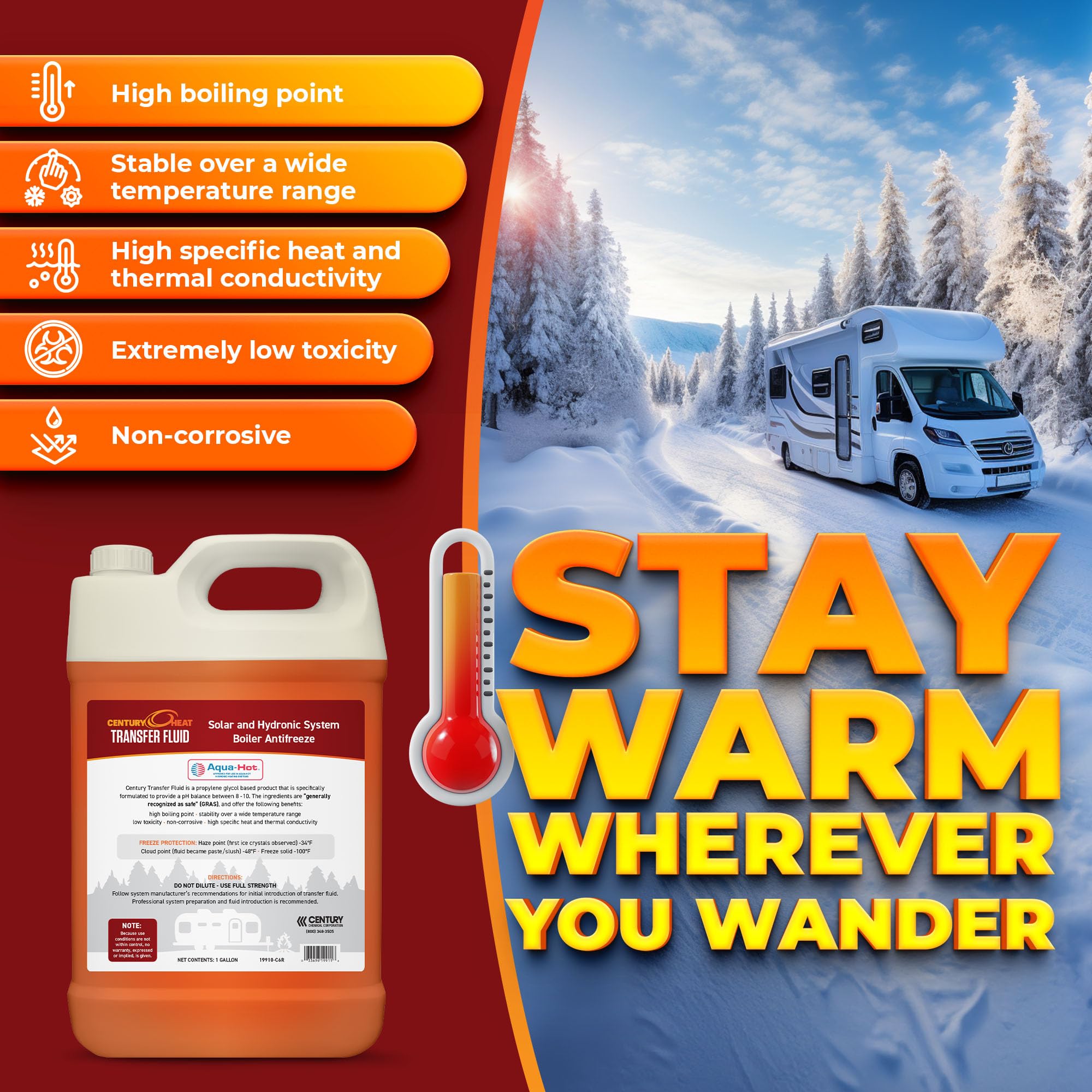 Heat Transfer Century Fluid, Non-Corrosive, Non-Toxic Propylene Glycol RV Antifreeze for Heating Systems | Ready to Use | Recomended by Aqua-Hot, Oasis & Timberline. - Red 1 Gallon