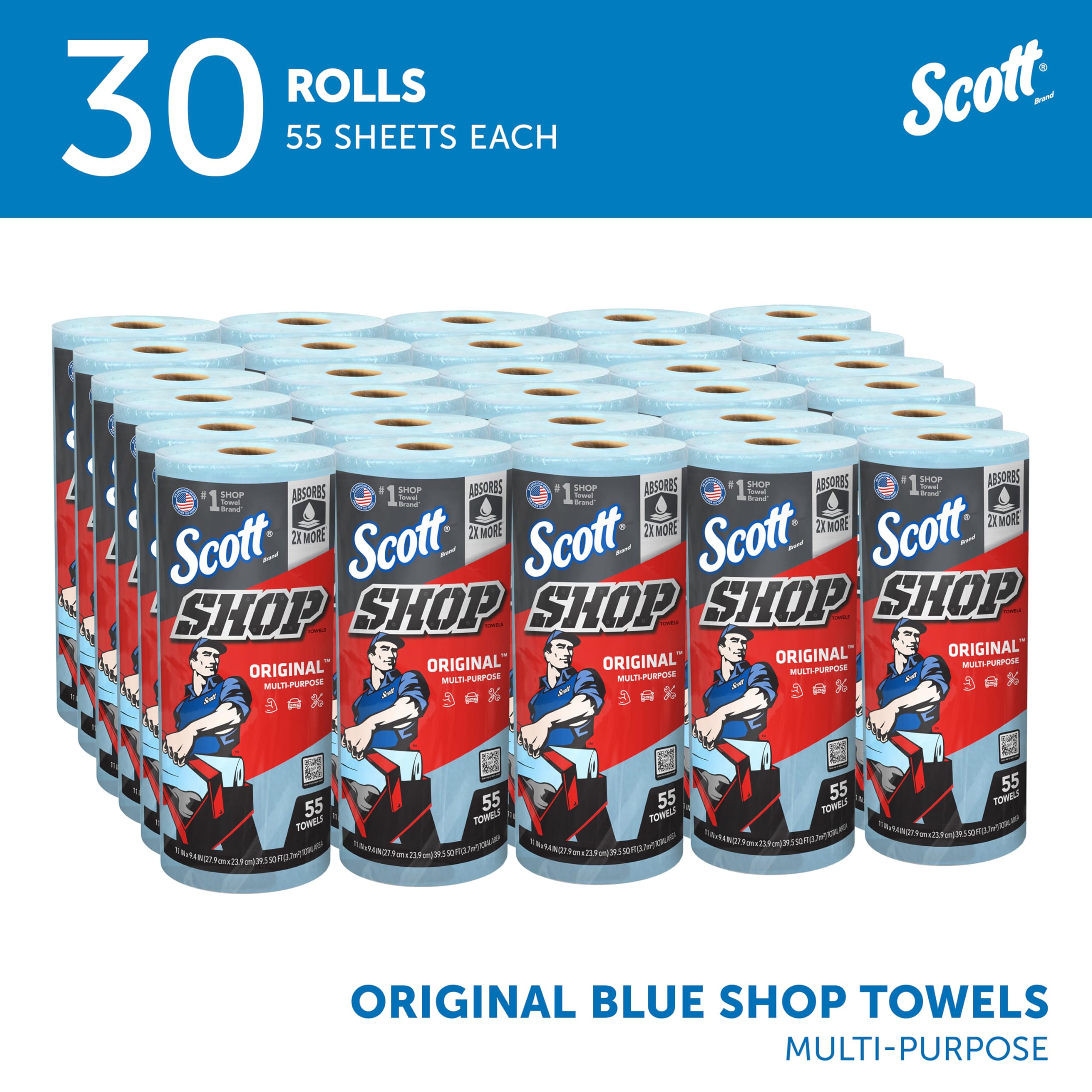 Scott Original Shop Blue Towels (75130), 9.4"x11" Cloth-like Paper Towel (30 Rolls of 55 Sheets, 1,650 Sheet Total)