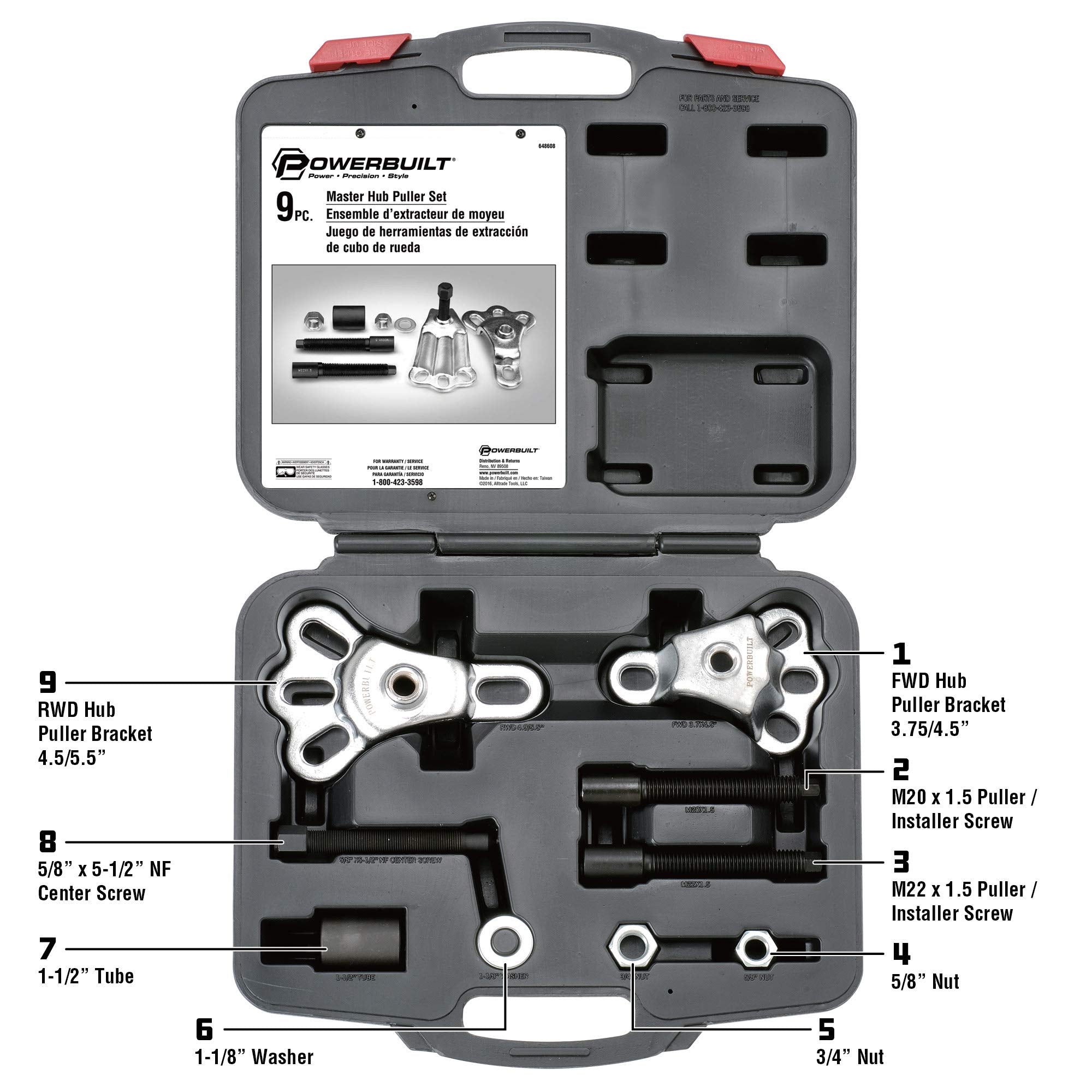 Powerbuilt Master Hub Puller Tool Set, Remove and Install Hubs and Axels Car Wheel, Ford and Mercury, Front-Wheel or Rear-Wheel Vehicles - 648608