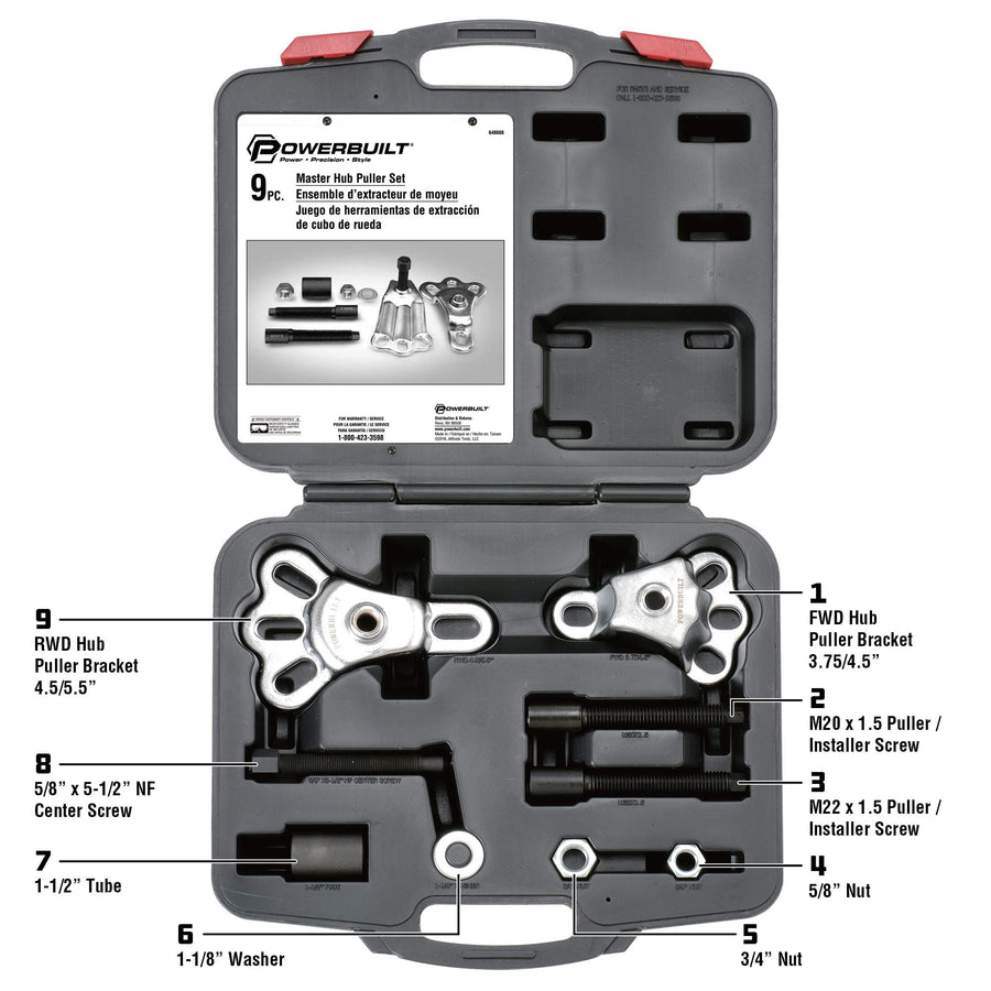 Powerbuilt Master Hub Puller Tool Set, Remove and Install Hubs and Axels Car Wheel, Ford and Mercury, Front-Wheel or Rear-Wheel Vehicles - 648608