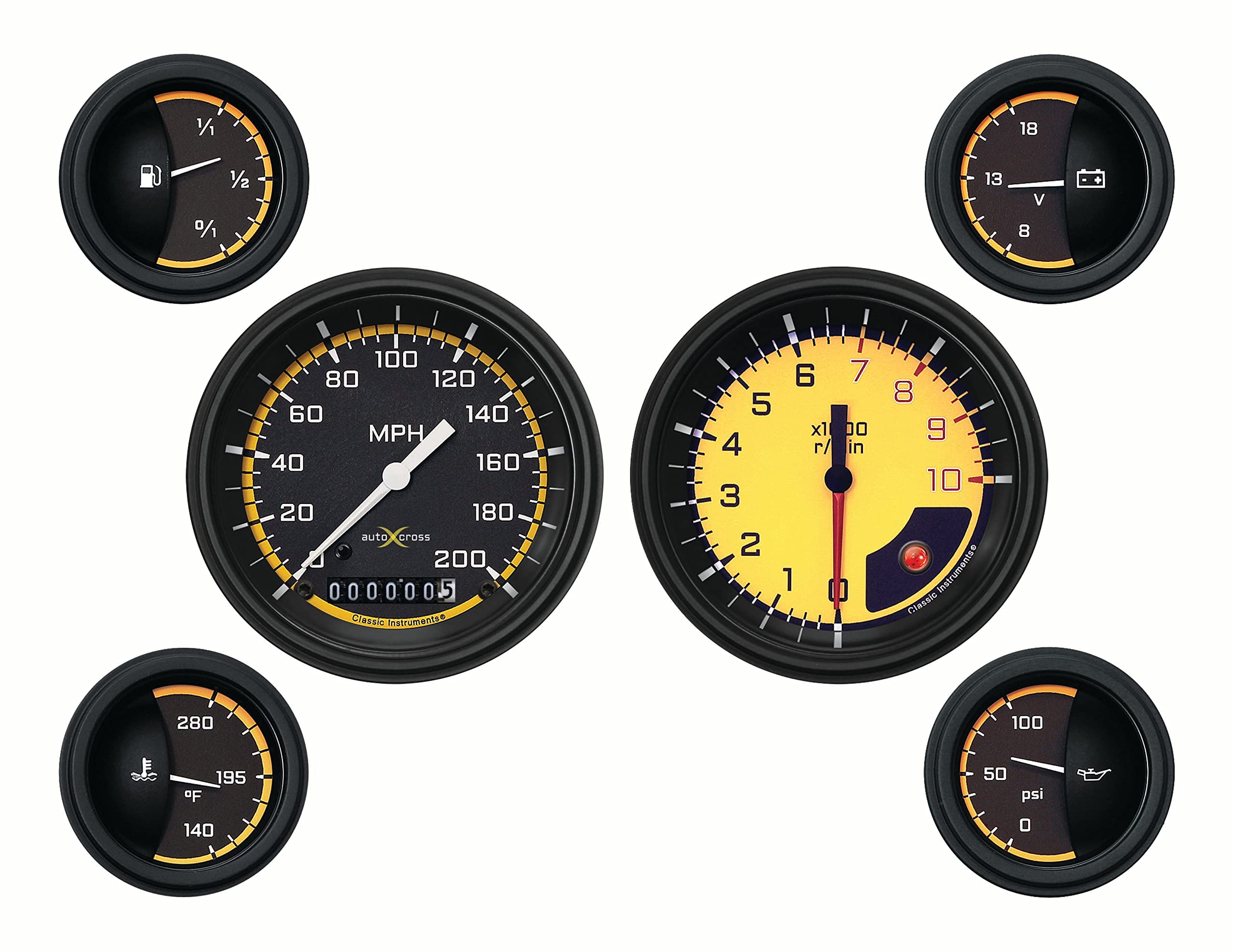 AX01YBLF Classic Instruments AutoCross Yellow 6 Gauge Set