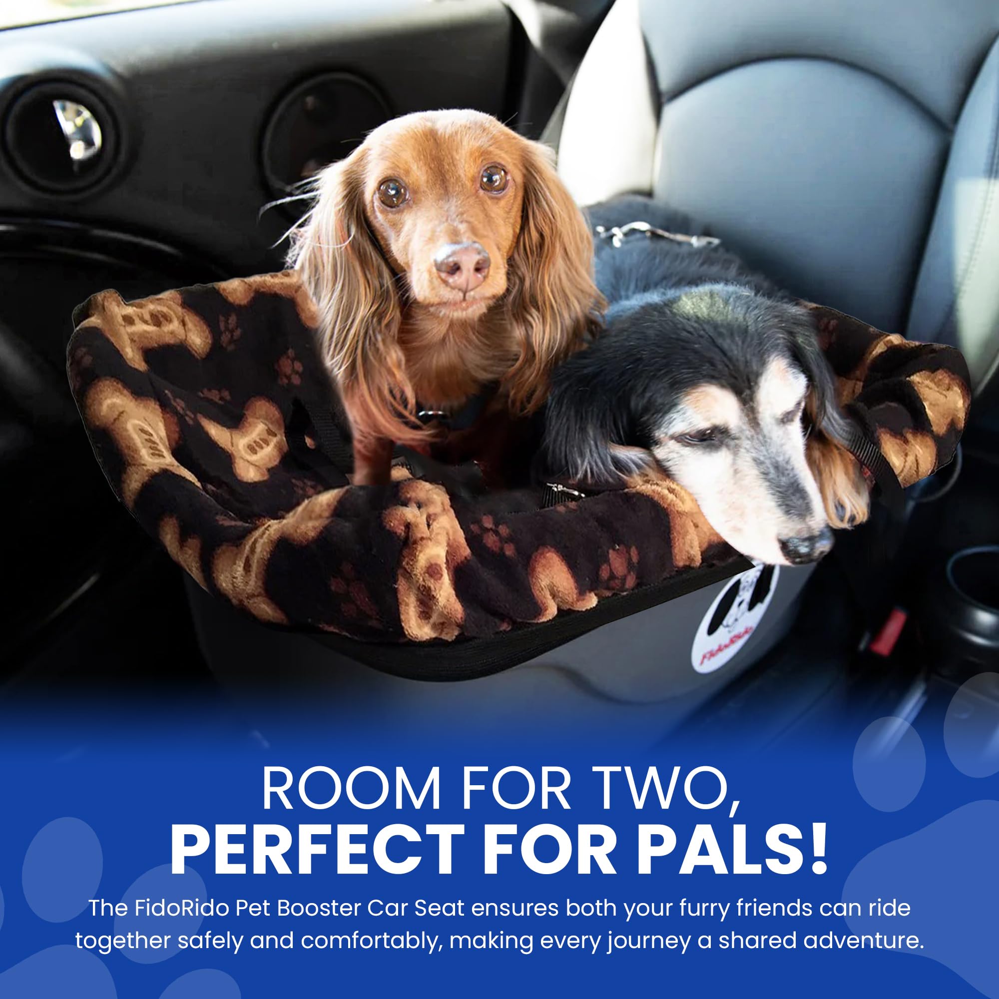 Dog Car Seat FidoRido - Booster Seat for Small to Large Dogs with Comfortable Cushions, Sherpa Cover, and Safety Straps, Easy to Install, Ideal for Travel, Black with Tan Bones - Small Harness