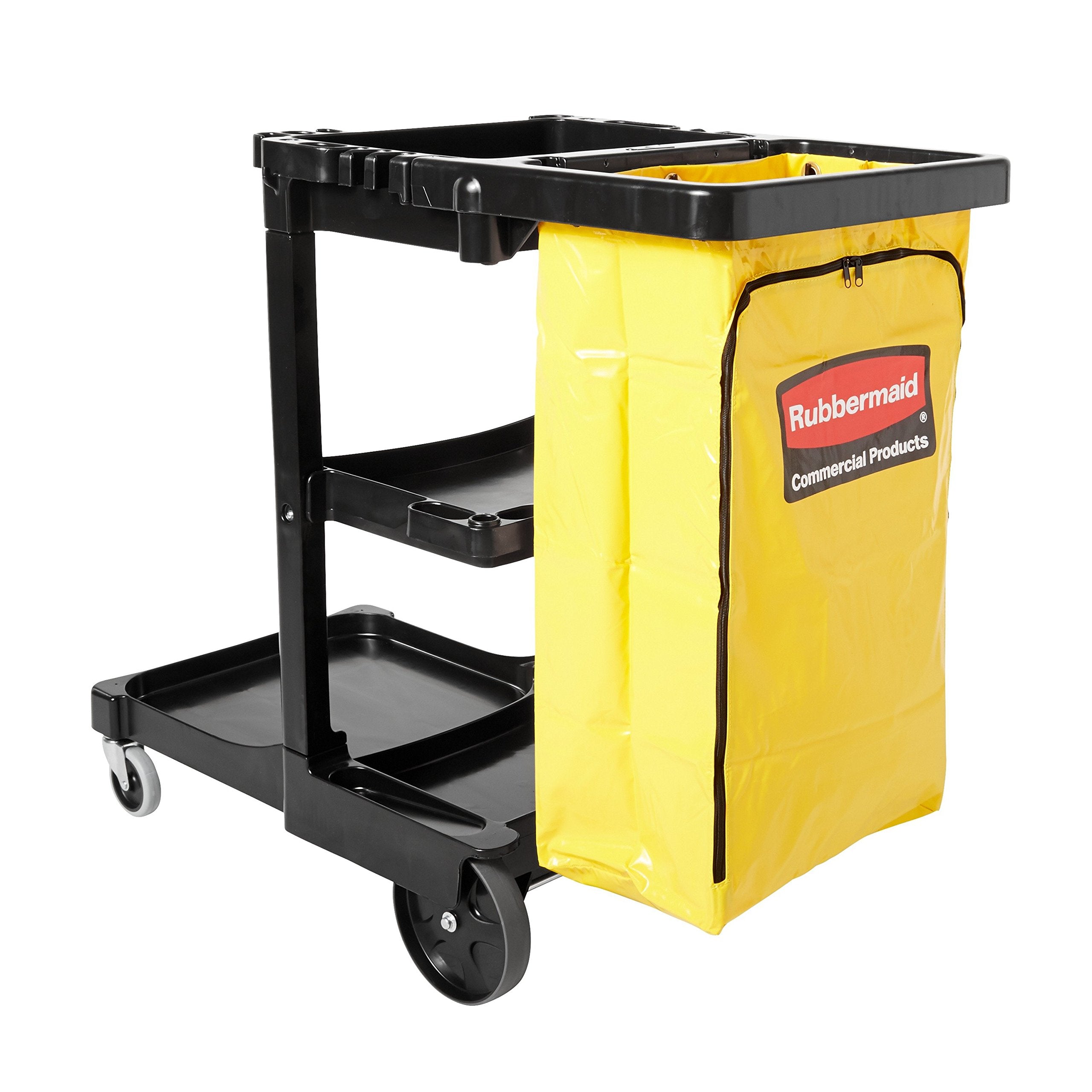 Rubbermaid Commercial 3-Shelf Traditional Janitorial Cleaning Cart, Wheeled with Zippered Yellow Vinyl Bag, for Business/School/Office/Janatorial Cleaning