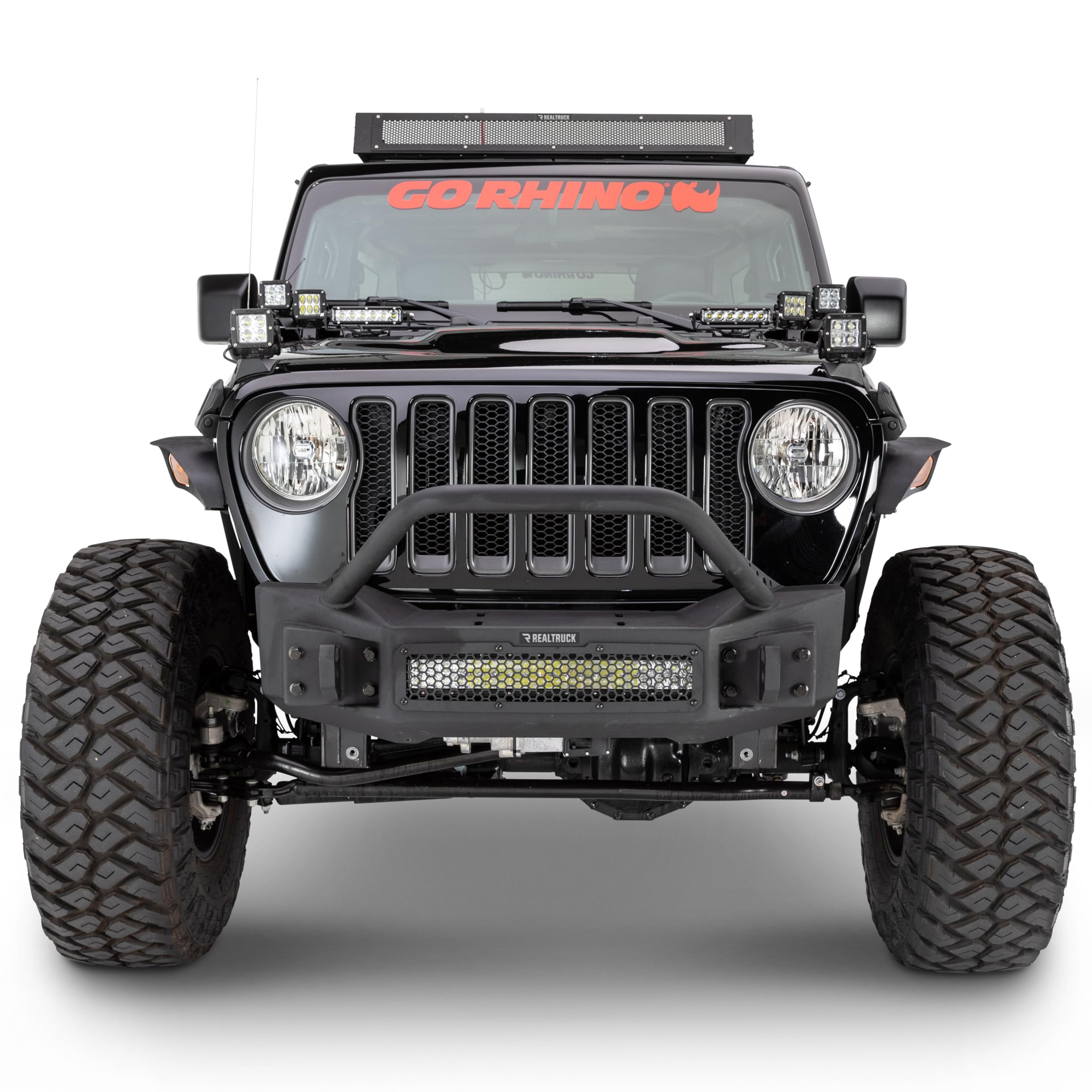 Rockline Go Rhino Stubby Front Bumper w/ Overrider | Galvanized Steel, Textured Black | 331101T | Fits 2007 - 2024 Jeep Wrangler JL, JLU, JK, JKU, Gladiator JT, 2-Door or 4-Door