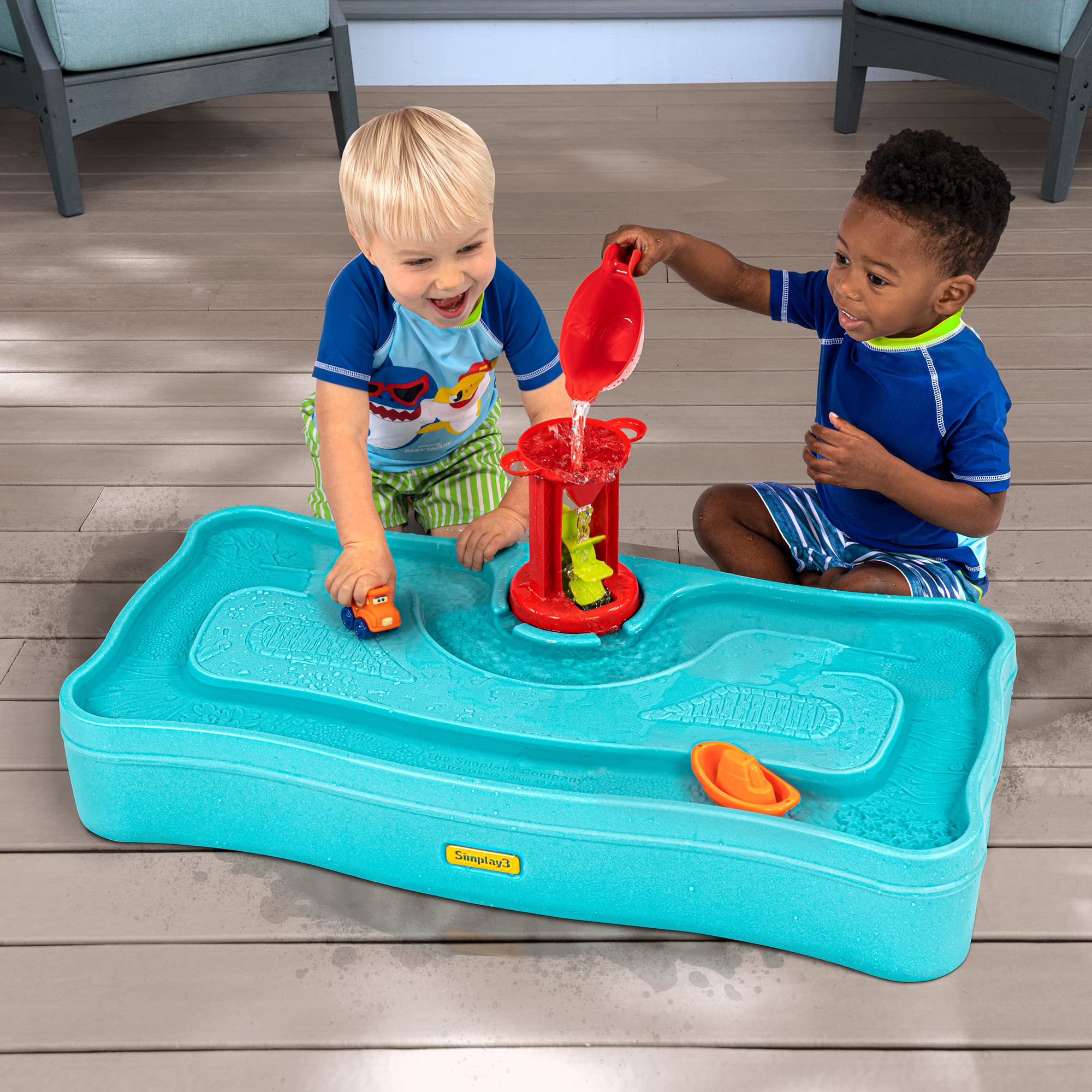 Simplay3 Ocean Drive Carry & Go 2-Sided Water Play Table for Kids with 4 Accessories - Indoor/Outdoor Toy Includes Waterwheel, Boat, Bucket, and Truck, Made in USA