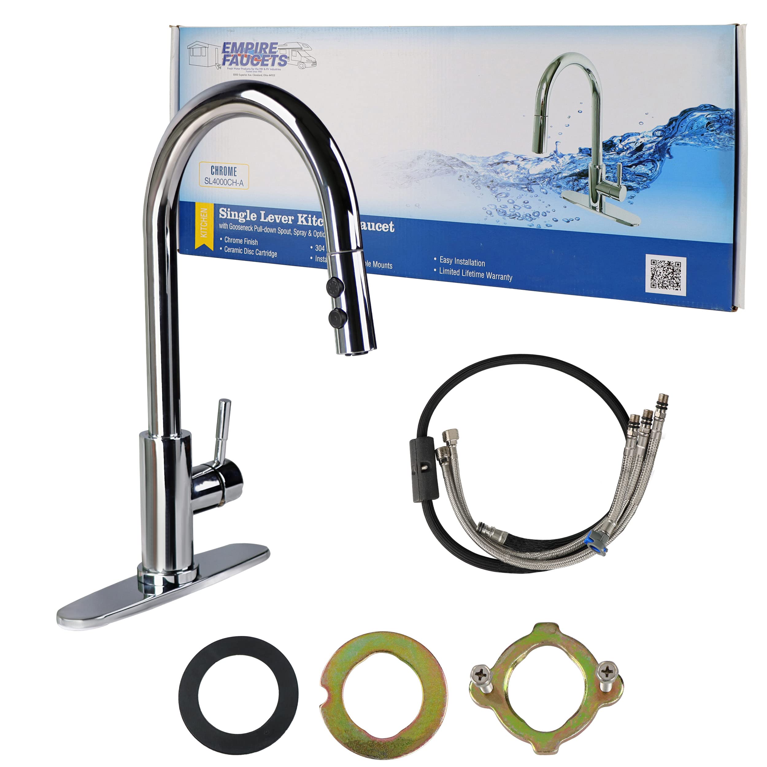 Single Lever Pull-Down Kitchen Faucet Empire Faucets SL4000CH-A with Hi-Arc Bullet Spout and Deck Plate - Chrome