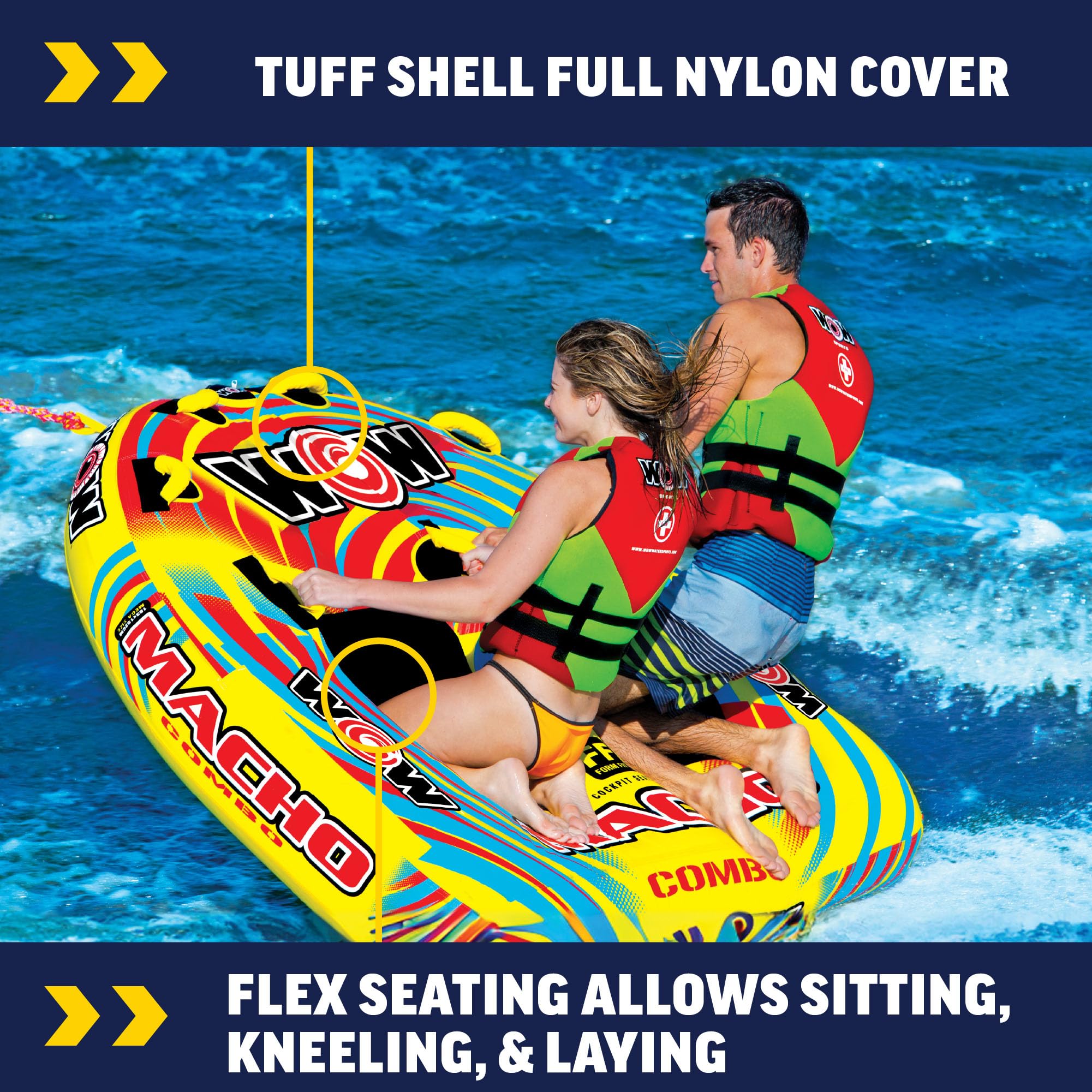 Macho Combo WOW Sports Towable Tubes for Boating, Accessories for Tubing, Water Tube for Boats - Double Seater 2 Person 340 lbs Capacity