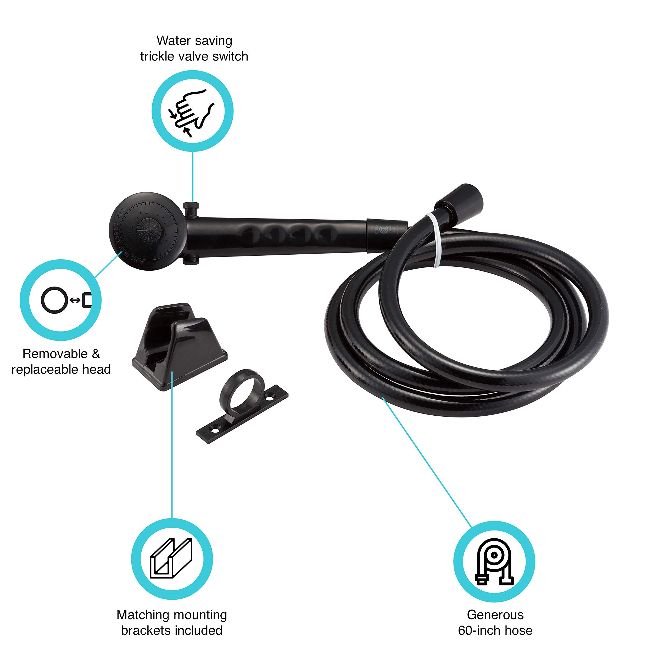 Dura Faucet Economical DF-SA130-MB Shower Head and Hose Kit, Handheld Shower Wand with Flow Control Trickle Switch (Black)