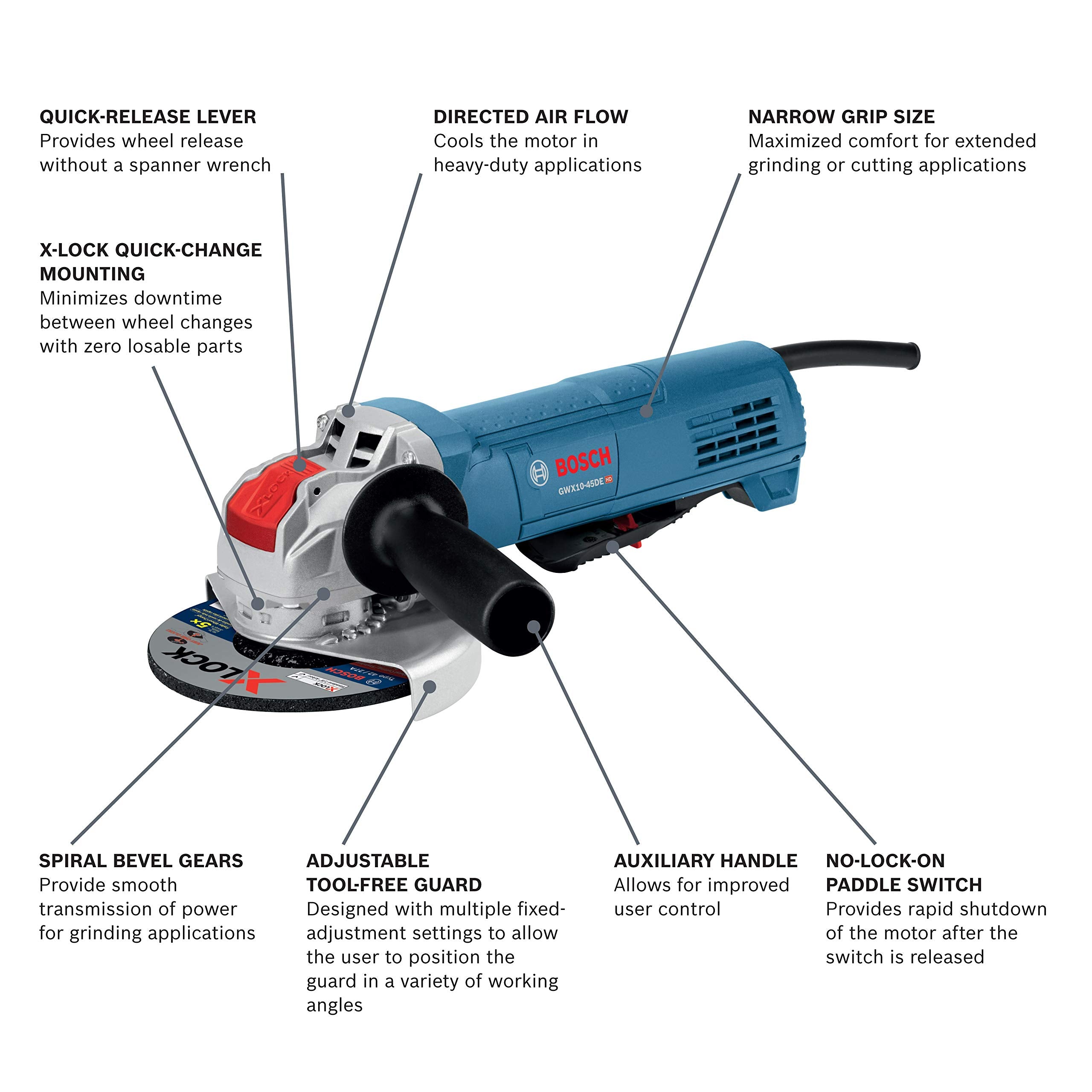 Bosch 4-1/2 In. GWX10-45DE X-LOCK Ergonomic Angle Grinder with No Lock-On Paddle Switch