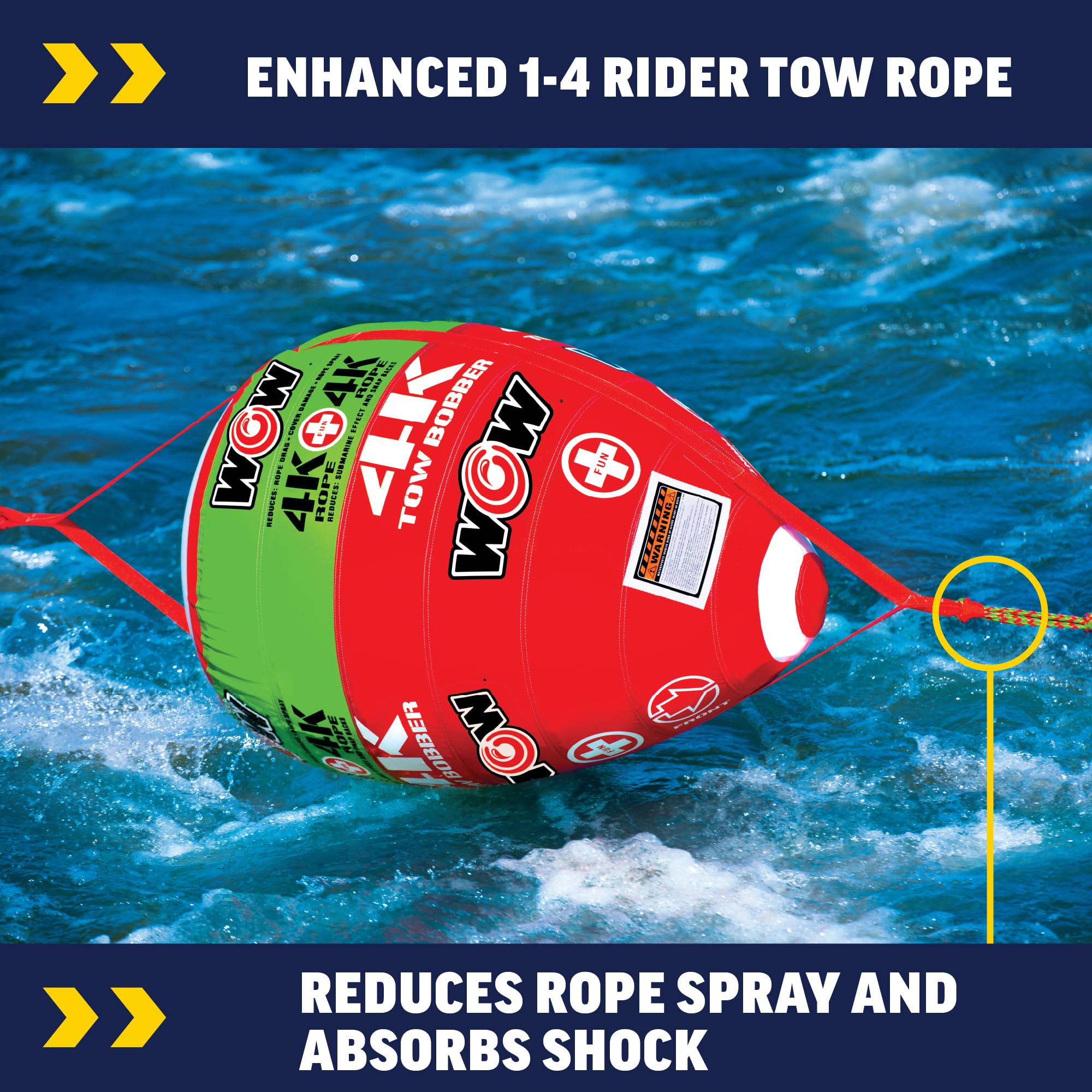 4K Towable Boating Rope W/ Bobber - WOW Sports - Perfect For Deck Tubes & Wakeboarding - Works For Kids & Adults