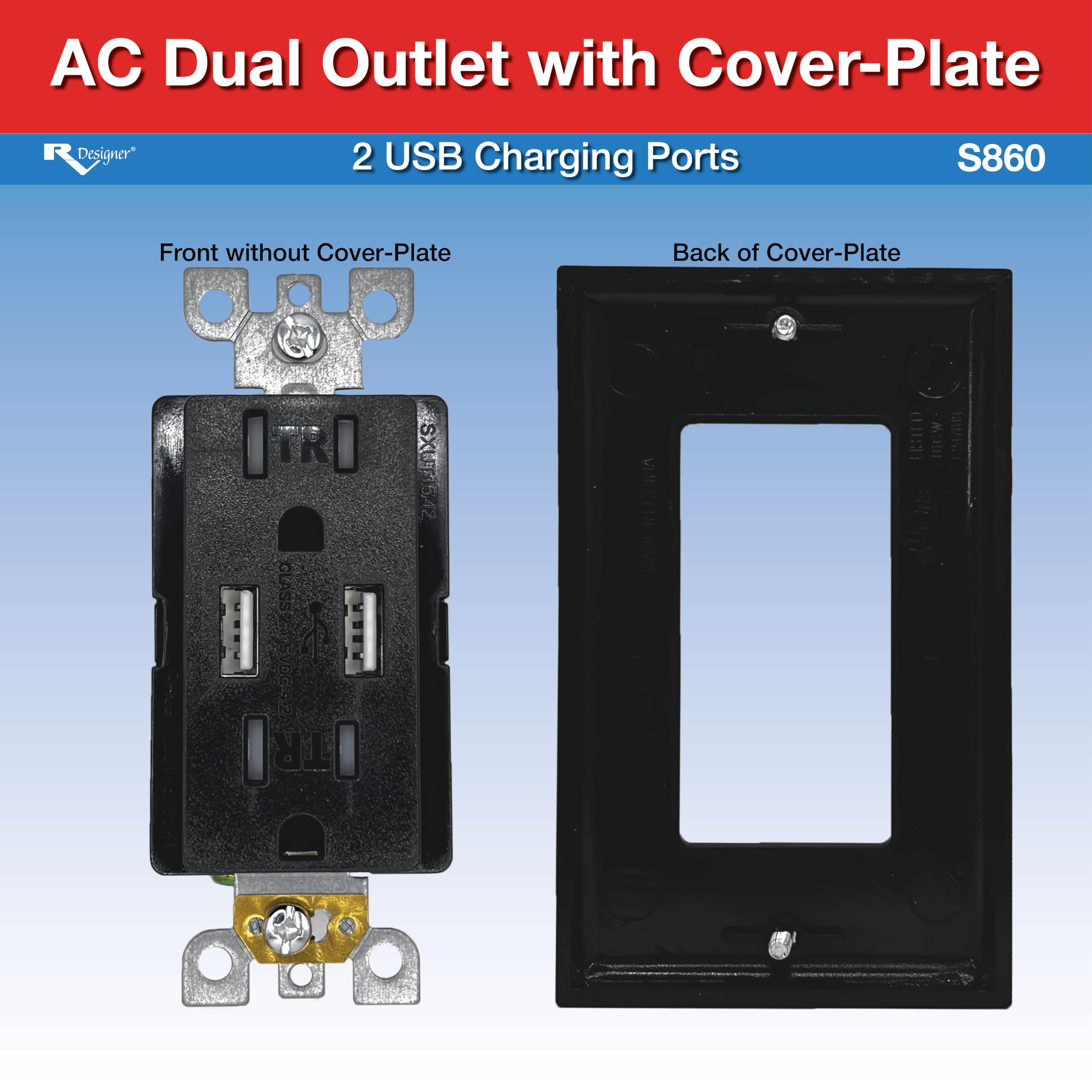 AC Dual Outlet RV Designer S860 with Cover & 2 USB Charge Ports, Black
