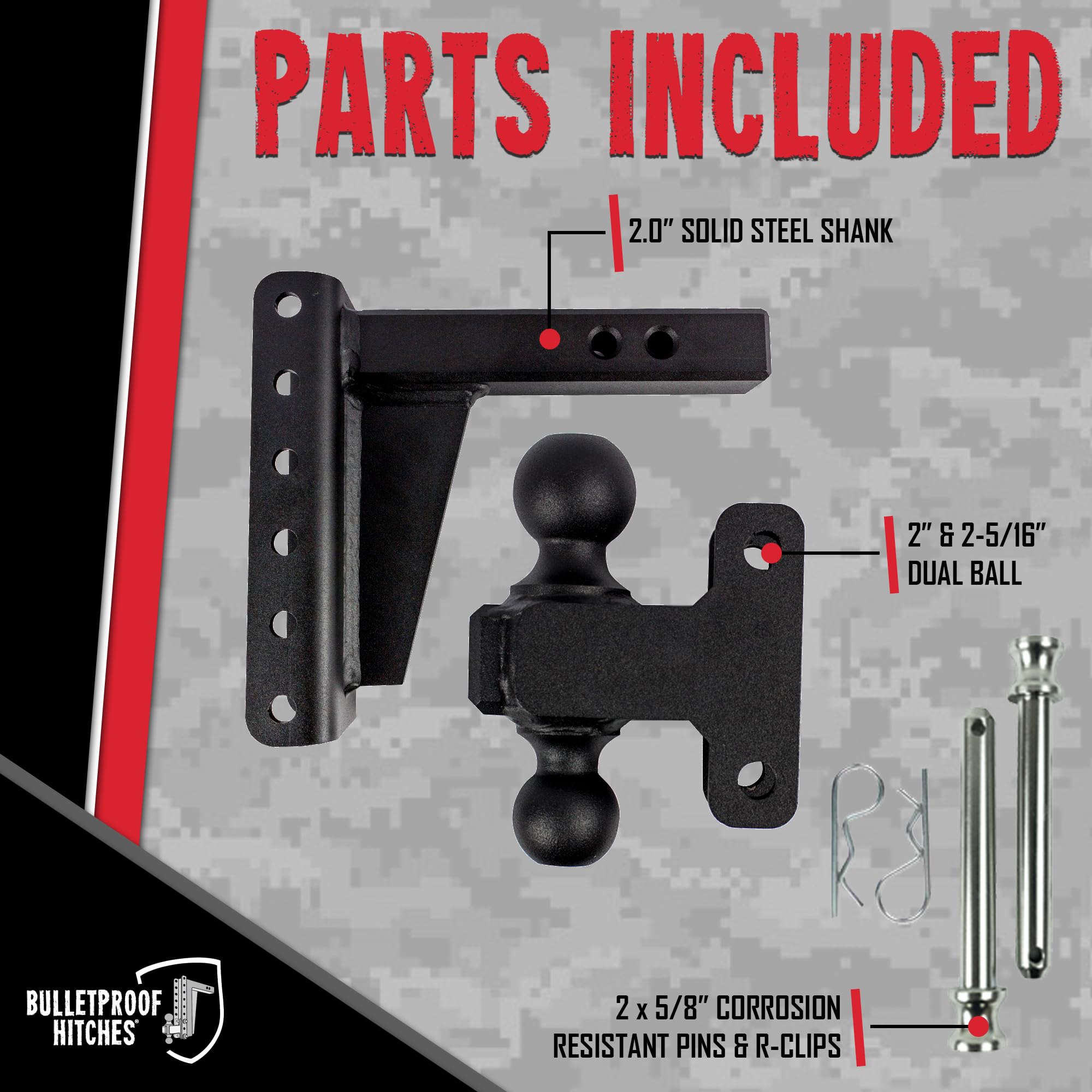 2.0" BulletProof Hitches Adjustable Heavy Duty Trailer Hitch (22,000 lb. Rating) - 6" Drop/Rise Trailer Hitch with 2" & 2-5/16" Dual Ball - Powder Coat, Solid Steel, Corrosion-Resistant