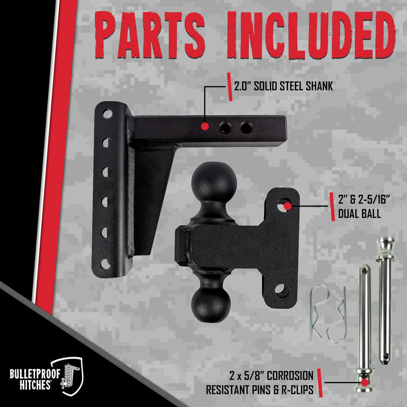 2.0" BulletProof Hitches Adjustable Heavy Duty Trailer Hitch (22,000 lb. Rating) - 6" Drop/Rise Trailer Hitch with 2" & 2-5/16" Dual Ball - Powder Coat, Solid Steel, Corrosion-Resistant