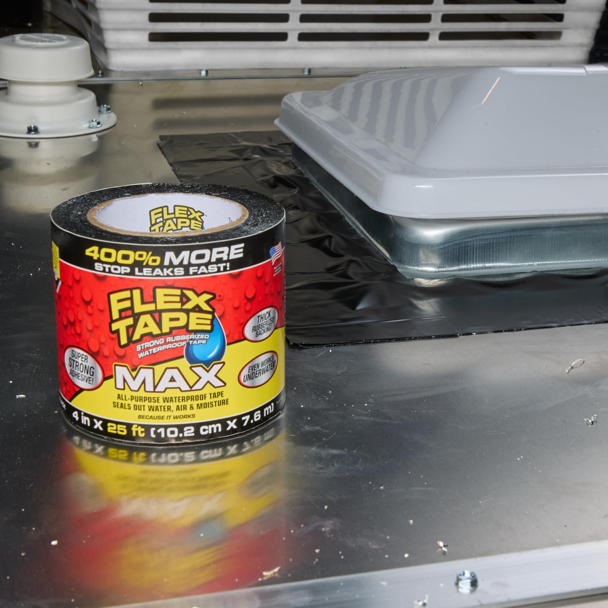 MAX Flex Tape, Original Thick Flexible Rubberized Waterproof Tape - Seal and Patch Leaks, Works Underwater, Indoor Outdoor - Home RV Roof and Pool Repairs, Black, 4 in x 25 ft, Pack of 1