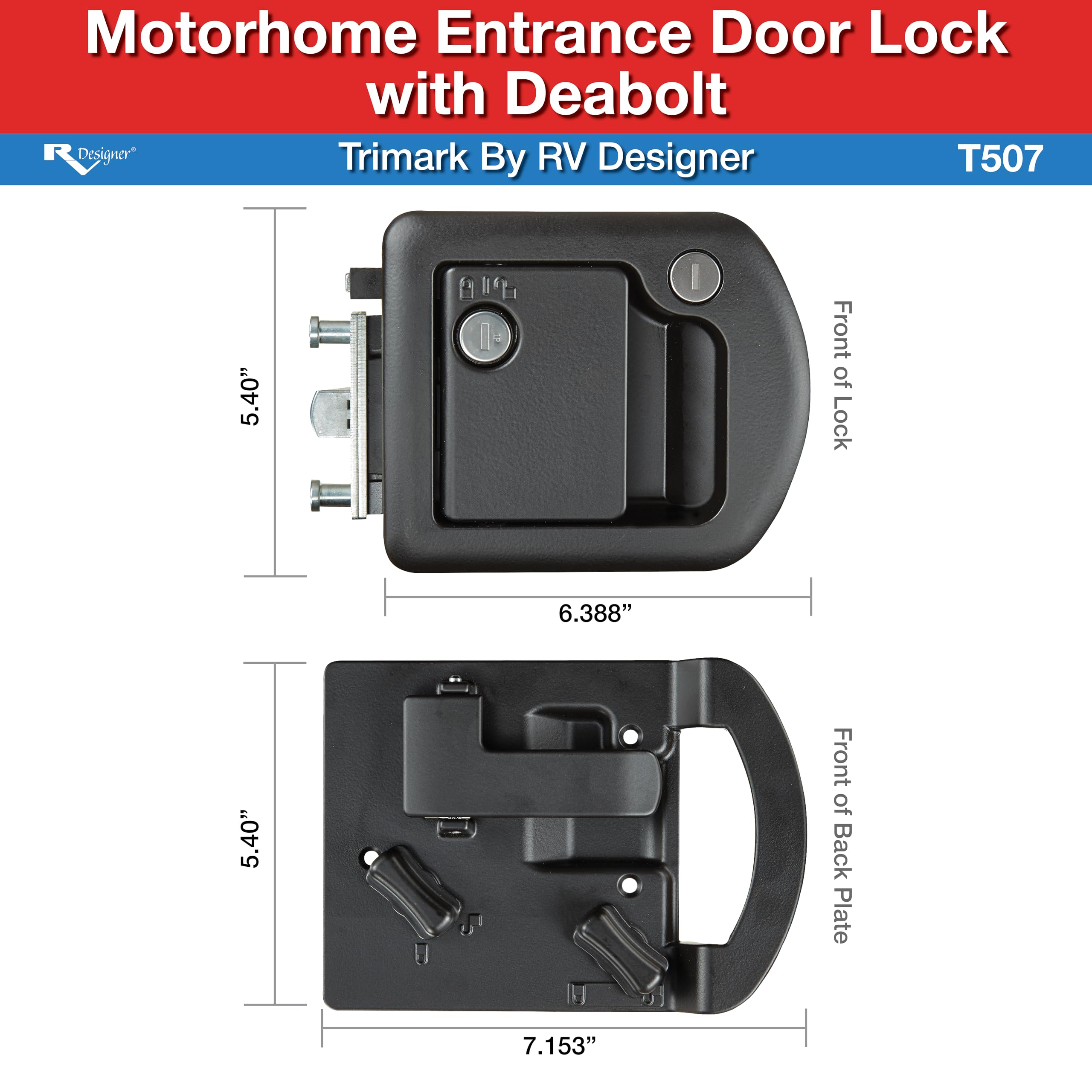 TriMark T507 RV Designer Motorhome Entrance Door Lock with Deadbolt - Fit for 1.38-1.58” RV Motorhome Doors - Right/Left-Hand Use - FMVSS 206 Compliant