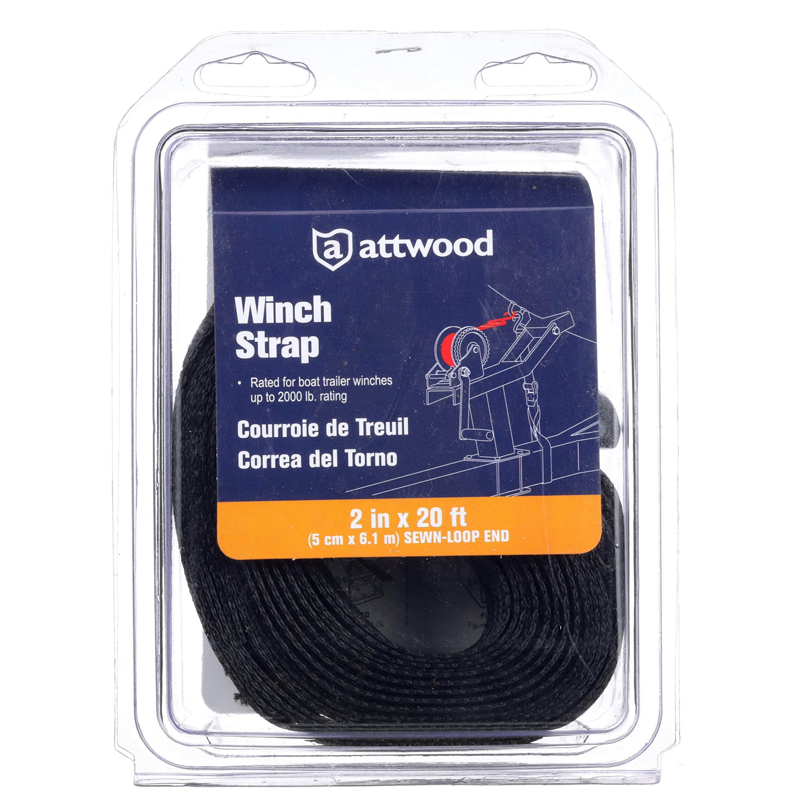 Trailer Winch Strap Attwood 11147-7, Sewn-Loop End, 20 Feet Long, Rated for Winches Up to 2,000 Pounds, Forged Steel Snap Hook