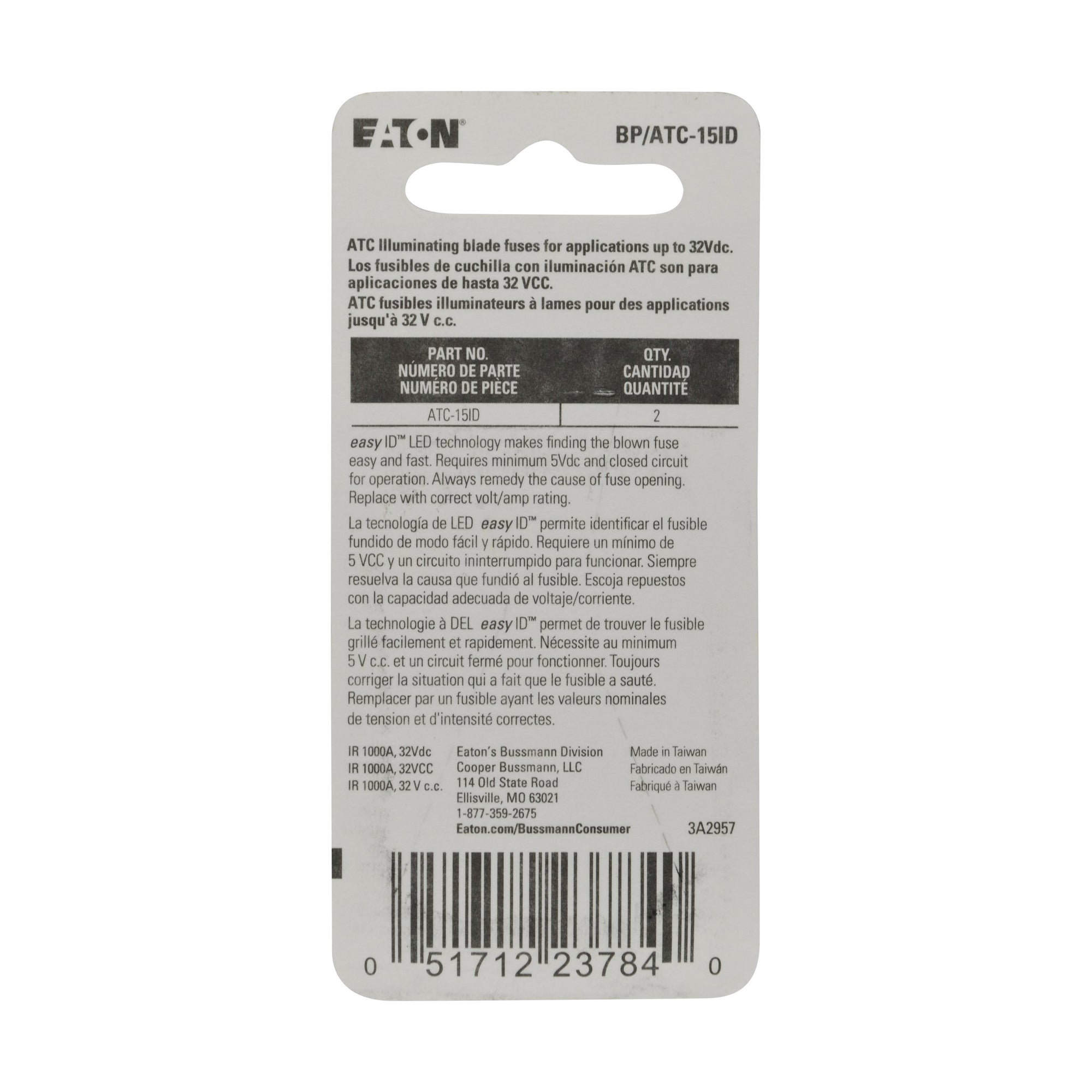easyID Bussmann BP/ATC-15ID Illuminating Blade Fuse, (Pack of 2)