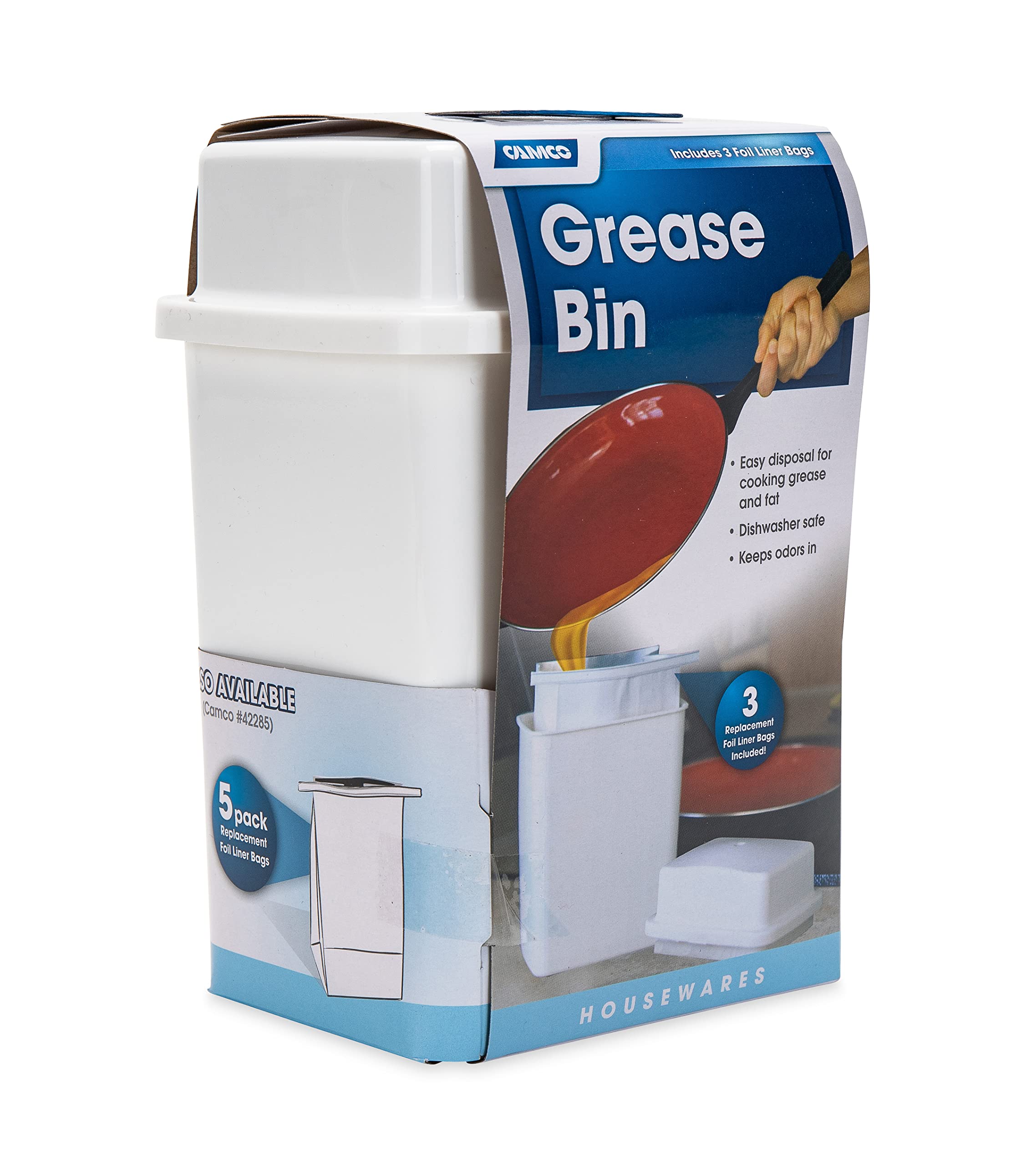 Cooking Grease Storage Bin Camco | Help Stop RV and Marine Kitchen Drains from Getting Clogged | Foil Liners Hold Liquid Up to 200-Degrees Fahrenheit (42281)